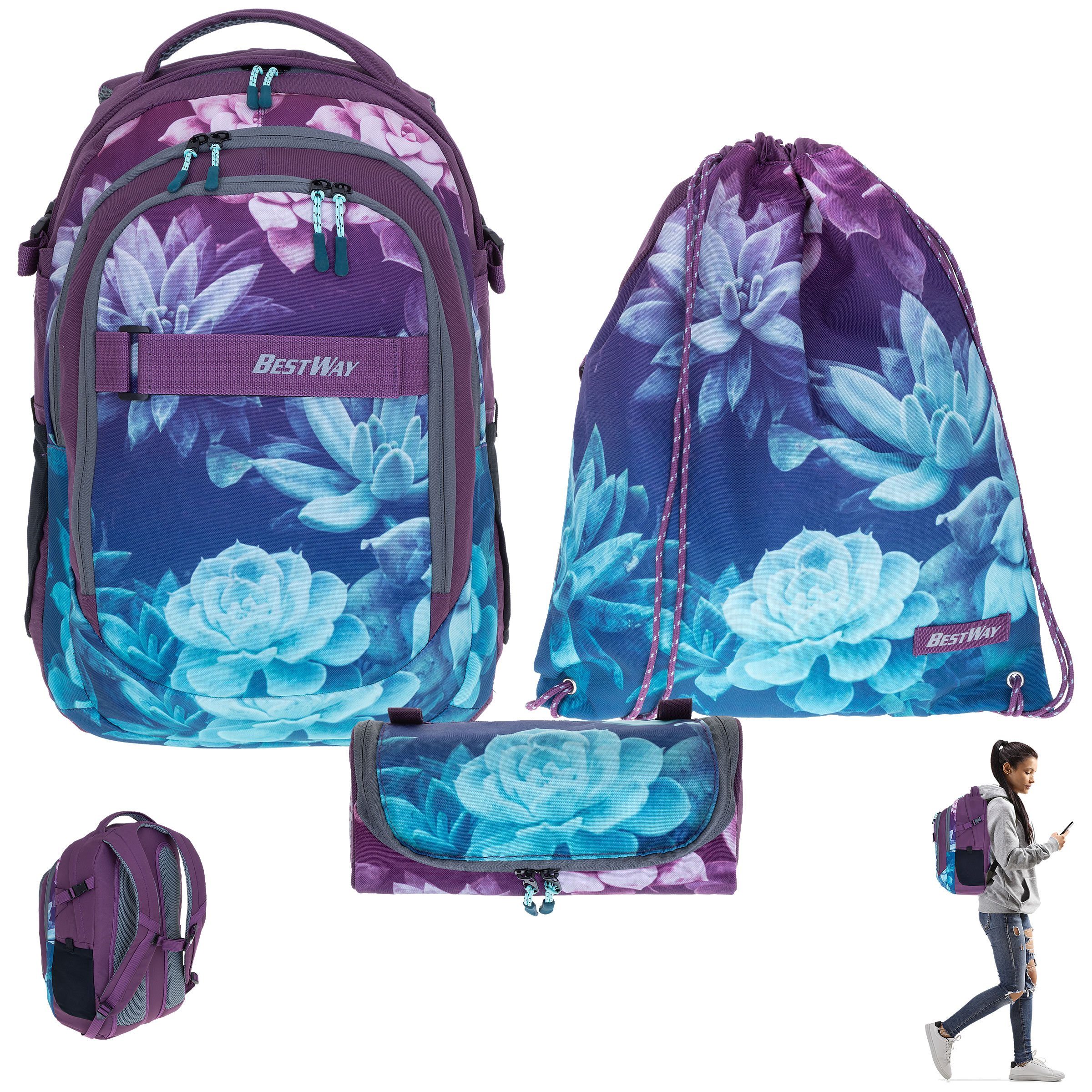 BESTWAY Schulrucksack Evolution Packer 40177, Schultasche Sportbeutel Mäppchen 3 Teile Set +rtm