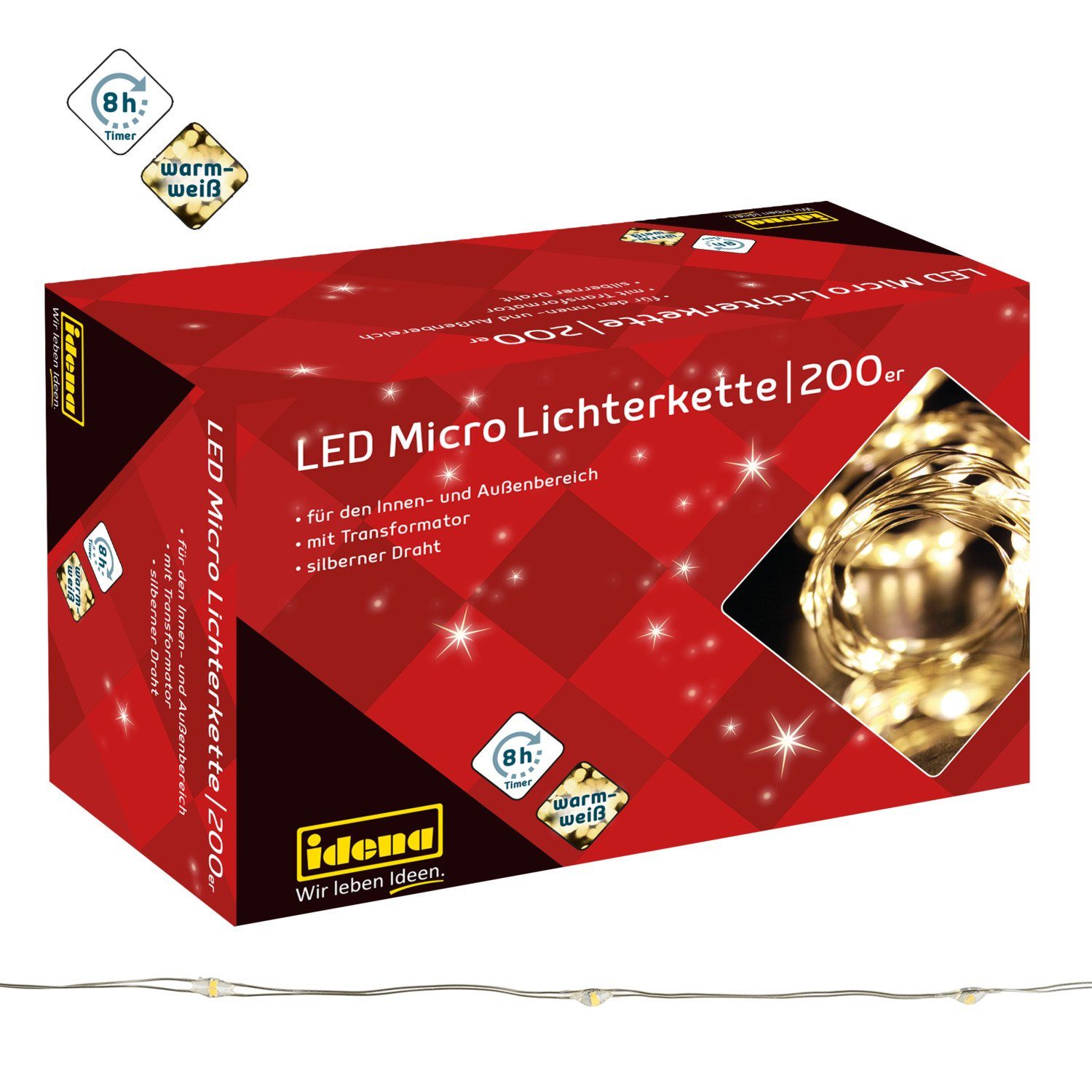 Idena LEDLichterkette 200er, MicroLEDs, warmweiß, 24,9 m, für innen