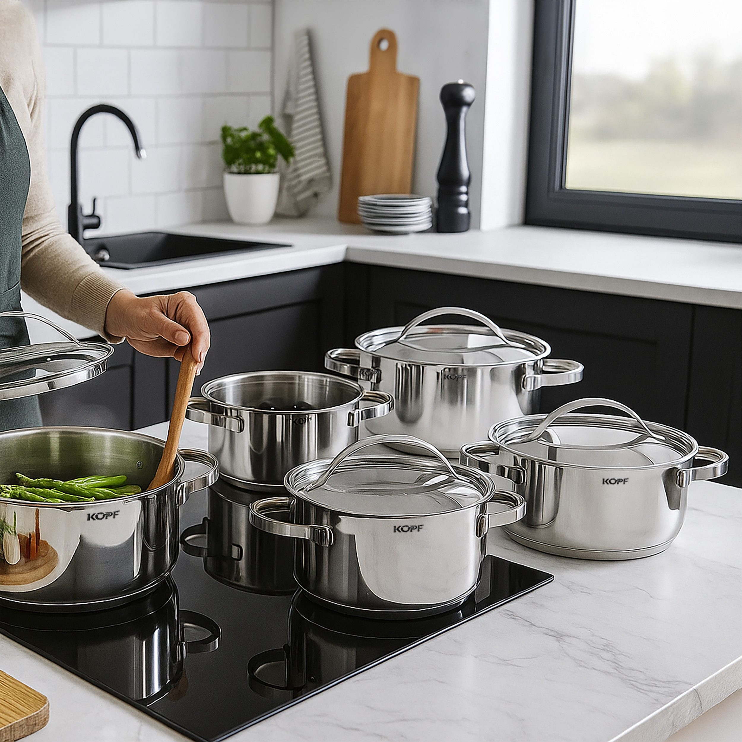 Kopf Topf-Set Kochtopfset Stilo, Edelstahl (5-tlg), inkl. 5 Edelstahldeckel, Induktion