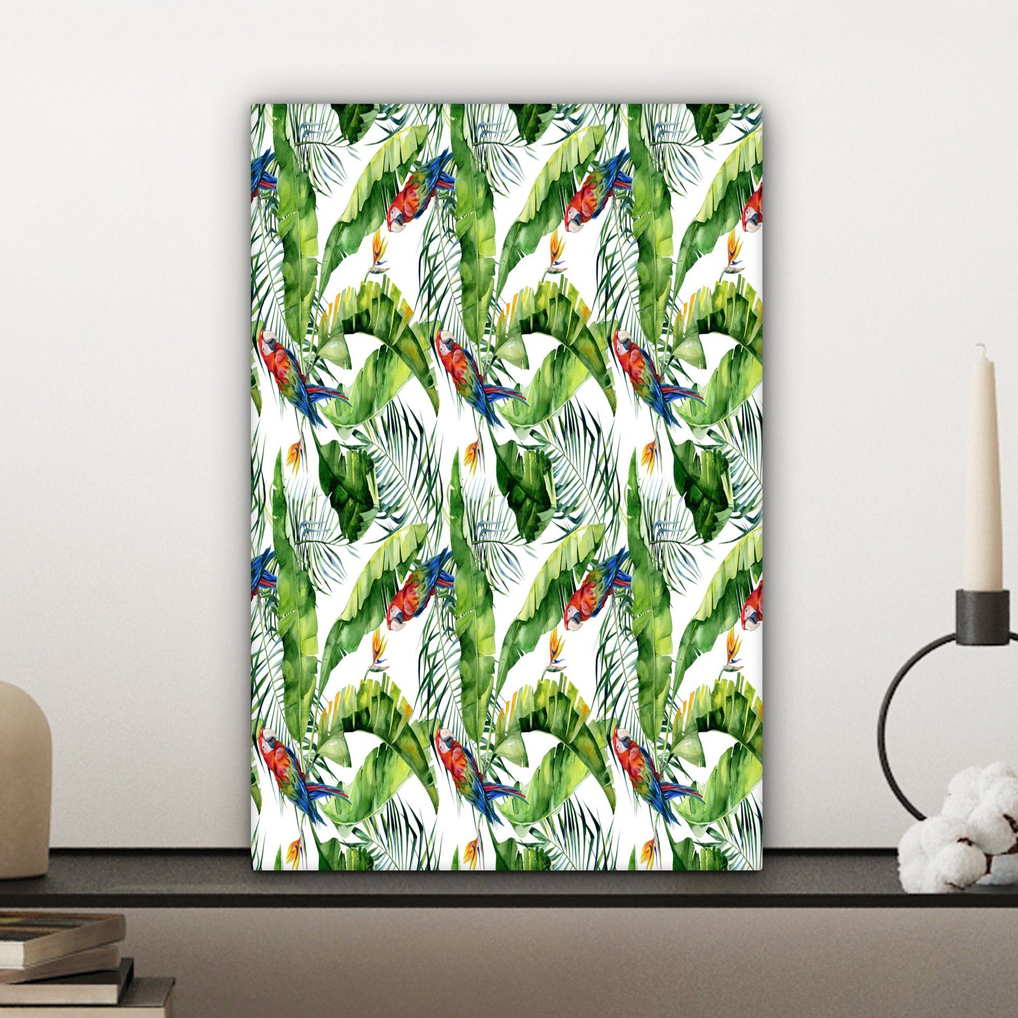 fertig Leinwandbild Paradiesvogelpflanze Gemälde, 20x30 (1 cm inkl. - - Blumen Zackenaufhänger, Papagei, bespannt OneMillionCanvasses® Leinwandbild St),
