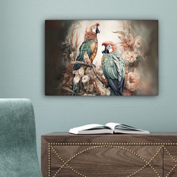 OneMillionCanvasses® Leinwandbild Papageien - Vögel - Natur - Blumen, (1 St), Leinwand Bilder Klein, Wand Dekoration 30x20 cm
