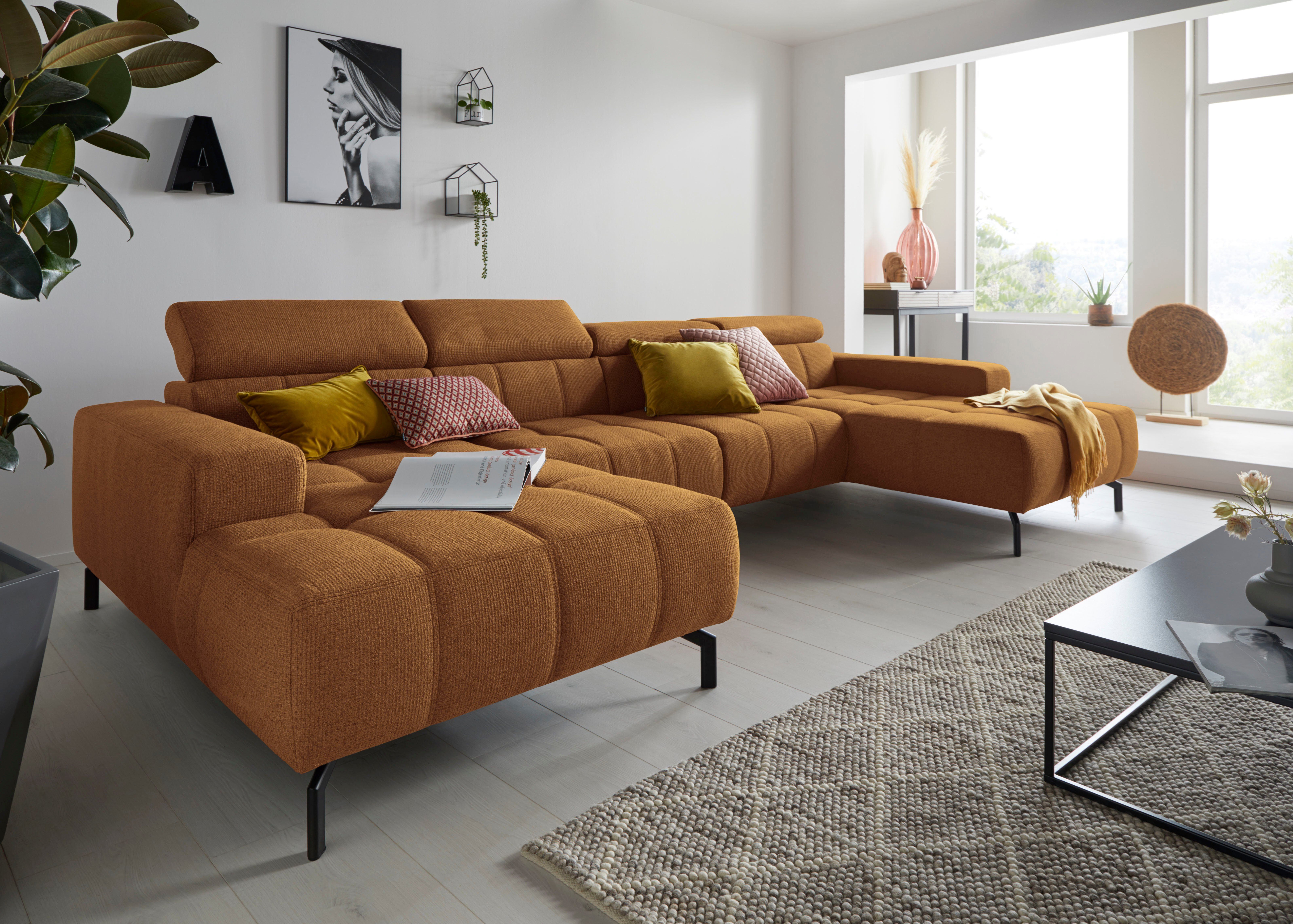 DOMO collection Wohnlandschaft Cunelli tolle Sitznähte als Designelement, fester Sitzkomfort, U-Form, wahlweise mit Kopfteilverstellung, bodenfrei