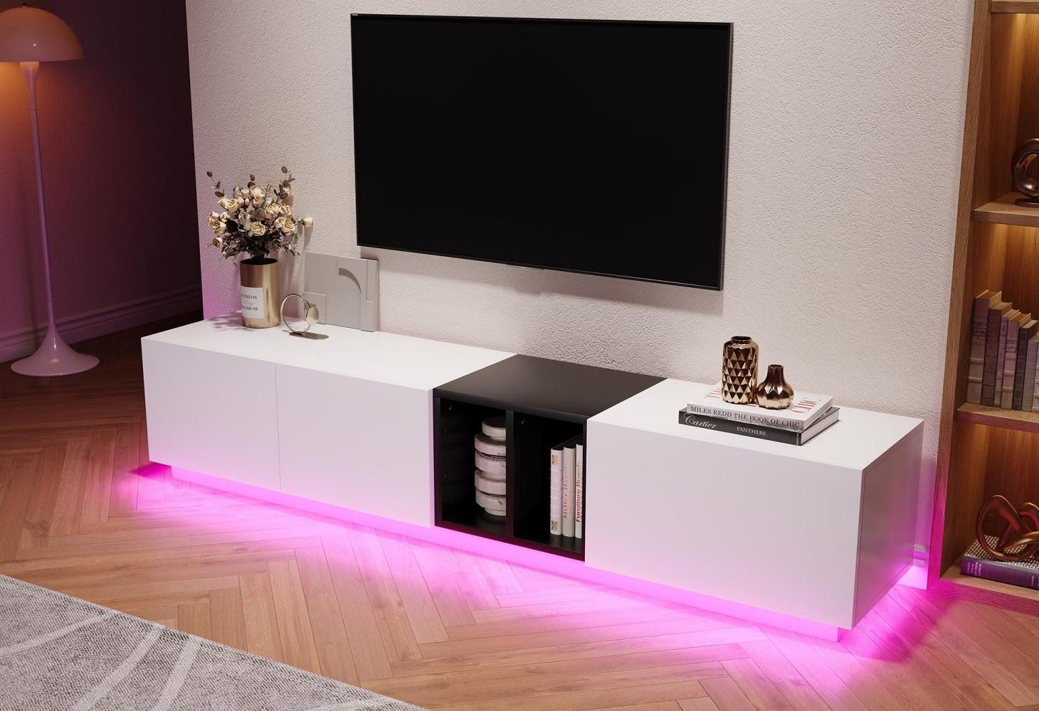 LVHOM TV-Schrank 190 cm, TV-Lowboard, LED-Beleuchtung, unterteilter Stauraum (Eine Schublade (Soft-Close-Funktion) + zwei offene Staufächer, + vier geschlossene Staufächer (höhenverstellbar), Holzrahmen + quadratischer Sockel, Tragkraft 50 kg, leicht zu reinigen, modernes schwarz-weißes Farbschema, geeignet für verschiedene Wohnzimmerstile) geeignet für verschiedene Wohnungsstile