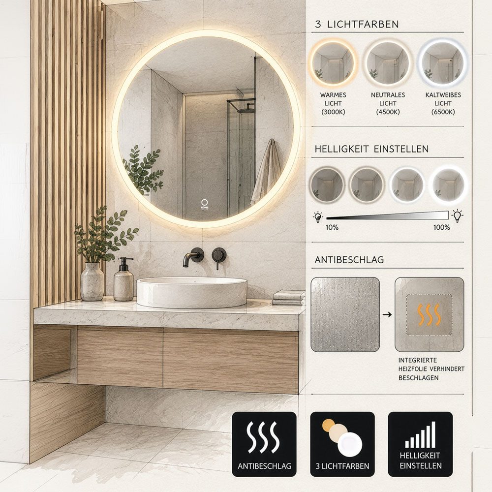 HOME DELUXE LED-Lichtspiegel Rund SILA - Ø60~100cm, Dimmbar & Antibeschlagsystem, LED Wandspiegel ohne Rahmen – Bild 3 von 4