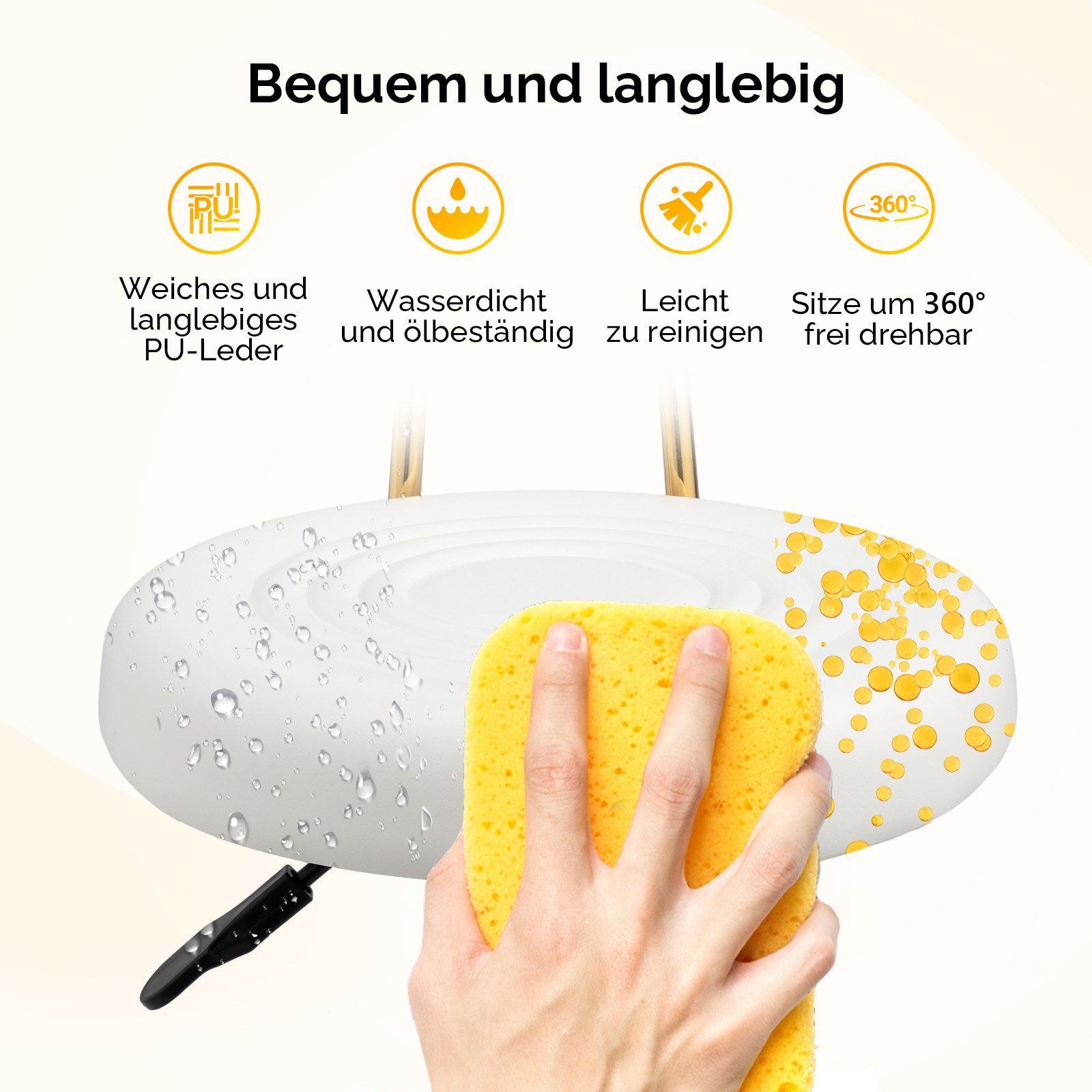 VINGLI Drehhocker Rollhocker Bürohocker Hocker für Salon, Tattoo-Studio, Büro, Zuhause, Höhenverstellbar 47-61,5 cm, mit Lehne Abnehmbar, 360 ° Drehbar – Bild 5 von 5
