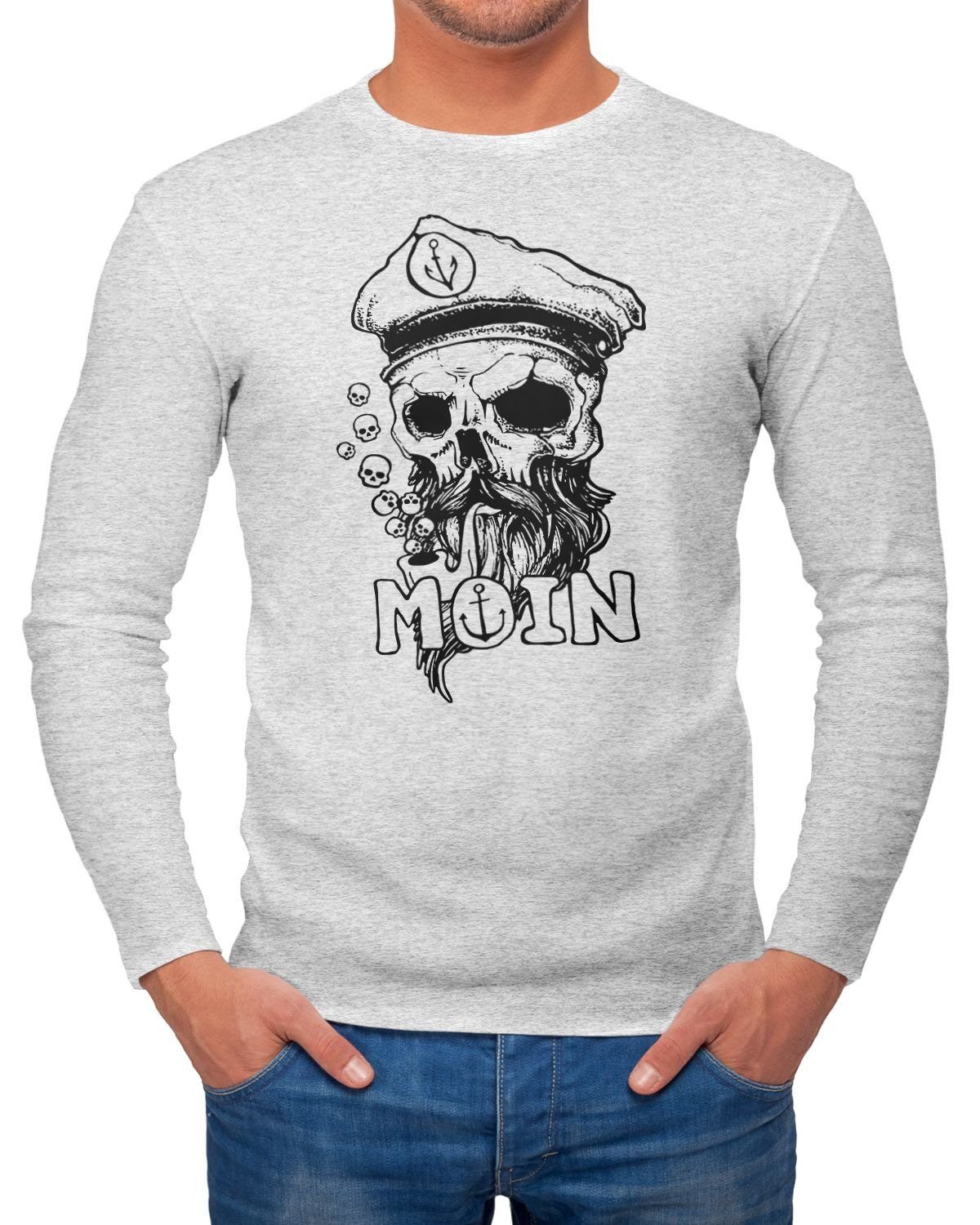 Neverless Longsleeve Herren Longsleeve Moin Kapitän Totenkopf Anker Bart Hamburg Langarm-Shirt Fashion Streetstyle Neverless® mit Print grau