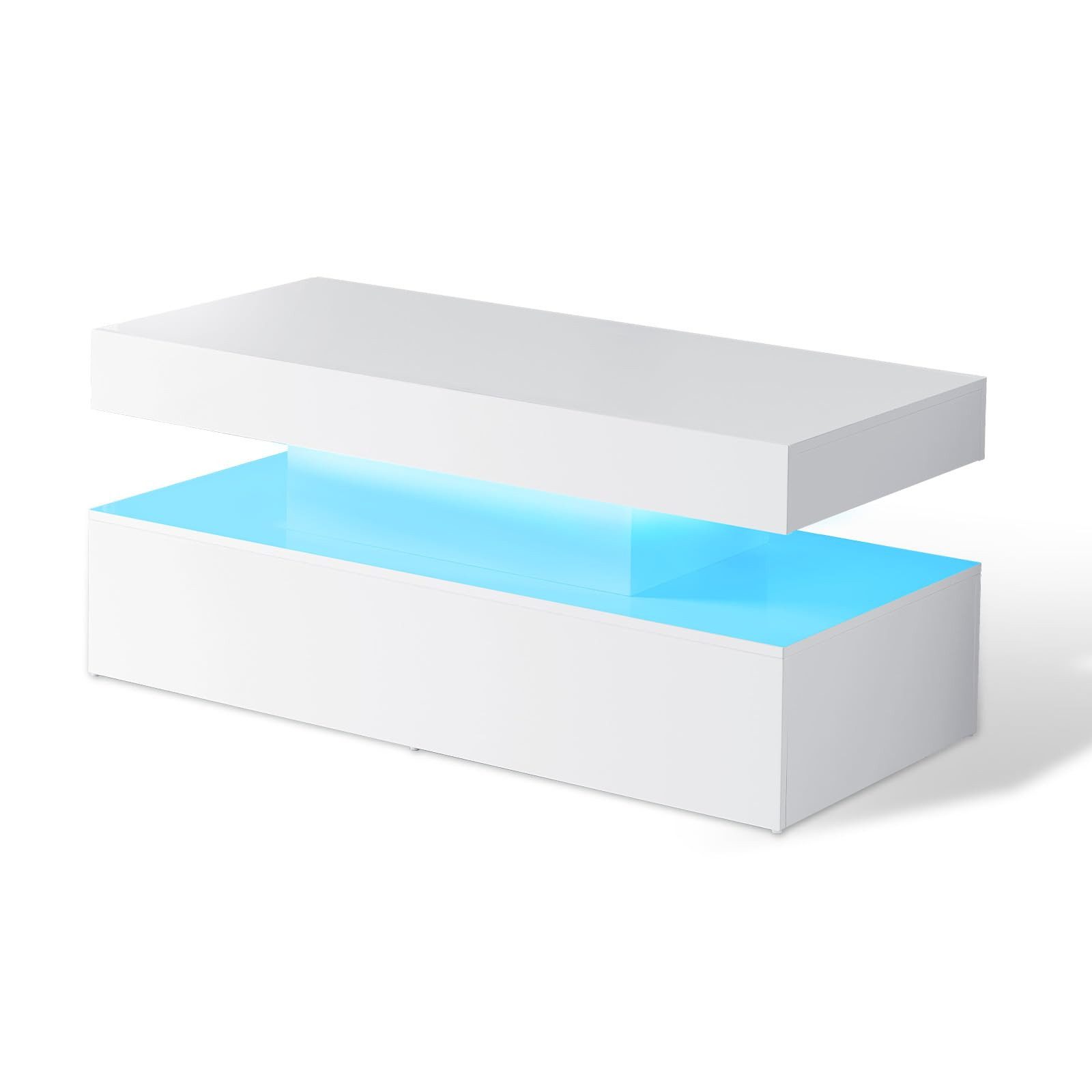 AMERLIFE Couchtisch Hochglanz Weiß mit RGB-LED und App-Steuerung (1-St), Zweistufige Ablage, stabiler MDF-Tisch mit Fernbedienung