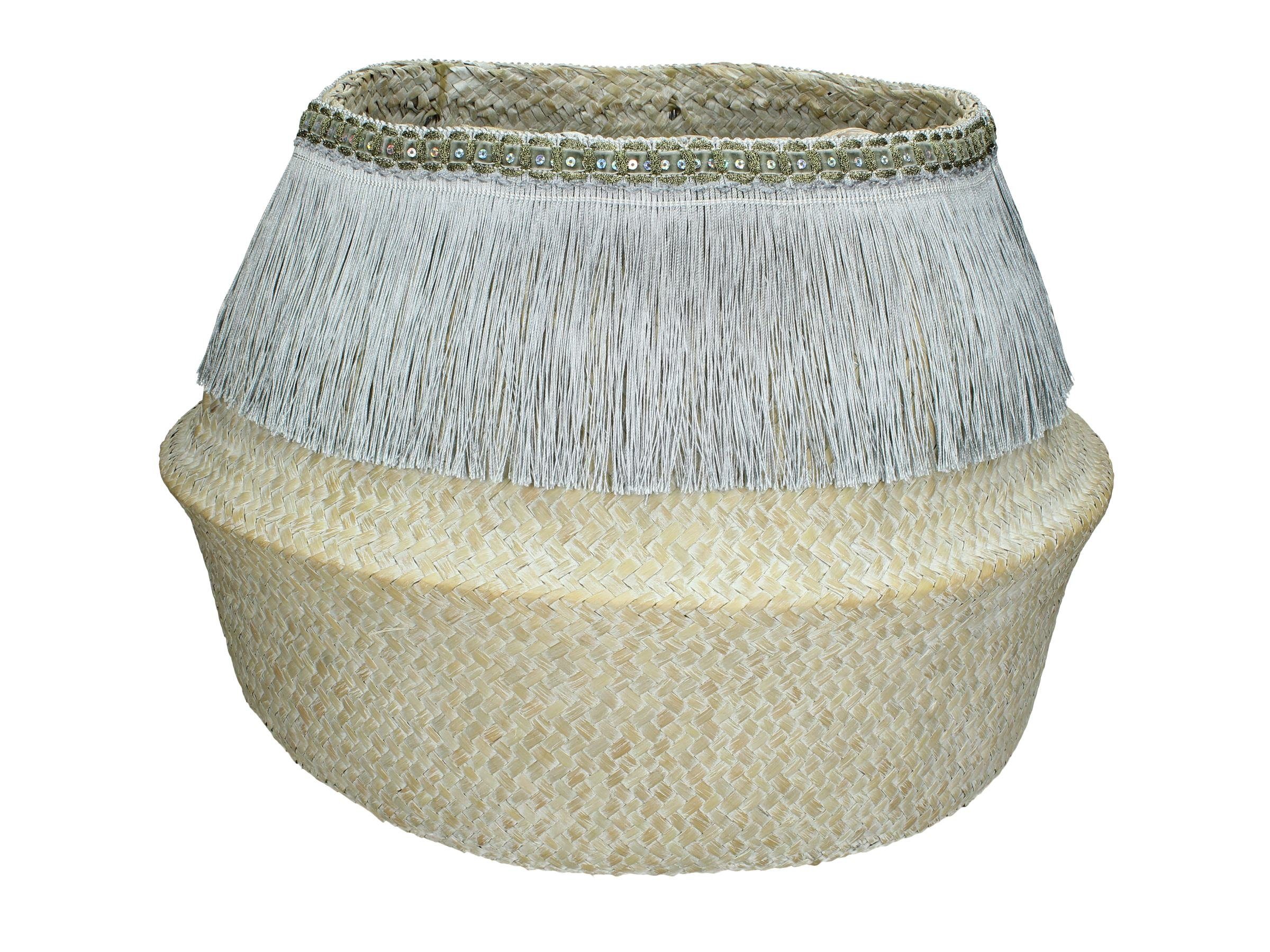 Aufbewahrungskorb Boho Dekokorb mit silbernen Fransen, Aufbewahrungskorb, Pflanzkorb, vintage-weiß, groß