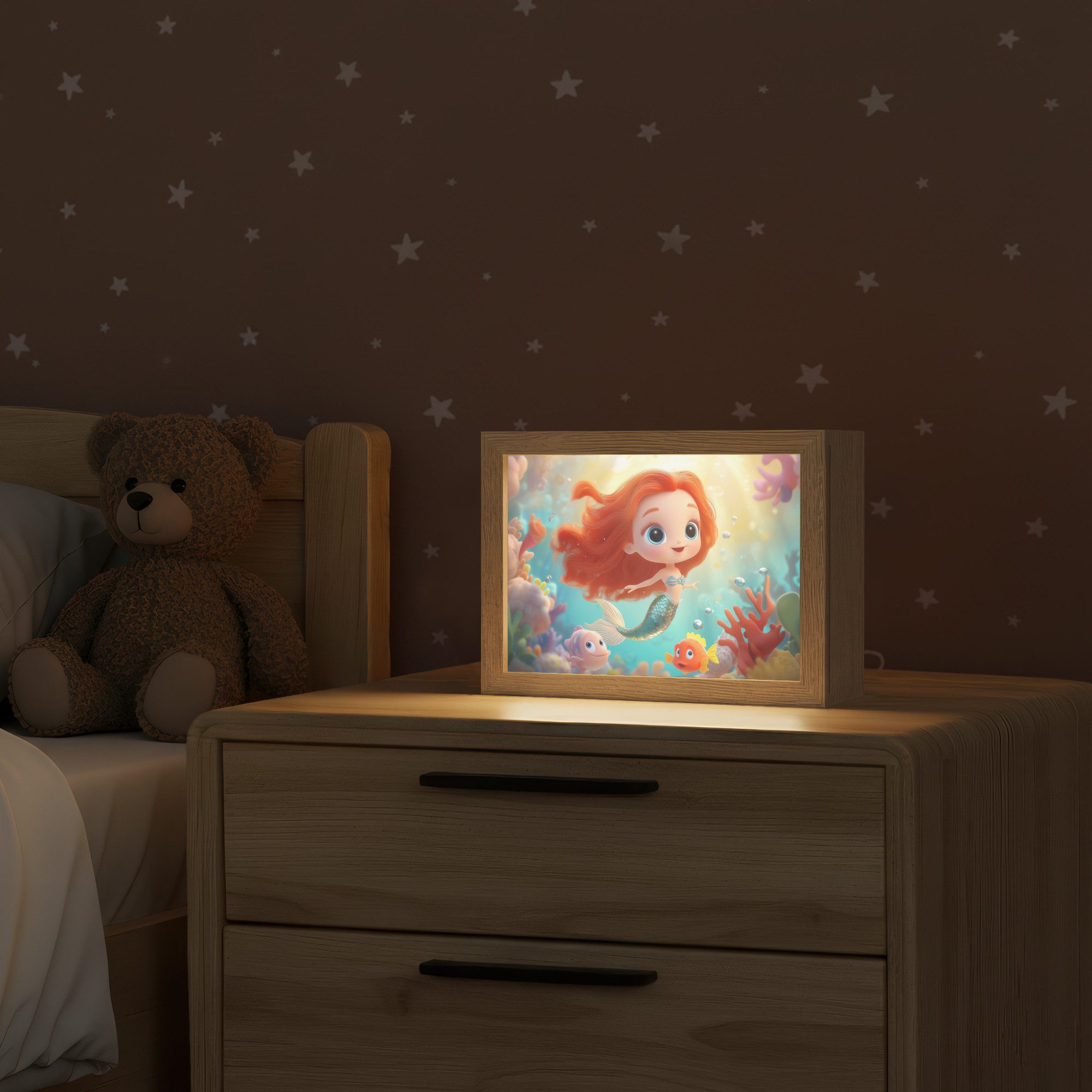 OnlyWow Nachttischlampe Lightbox Meerjungfrau - Wasser - Fisch - Rot - Mädchen, Dimmbar, Farbwechsel, LED, Warmweiß, Kaltweiß, Neutralweiß Einstellbar, Nachtlicht, Kinder- und Babyzimmer, Dimmbar, mit Kabel, Tischleuchte