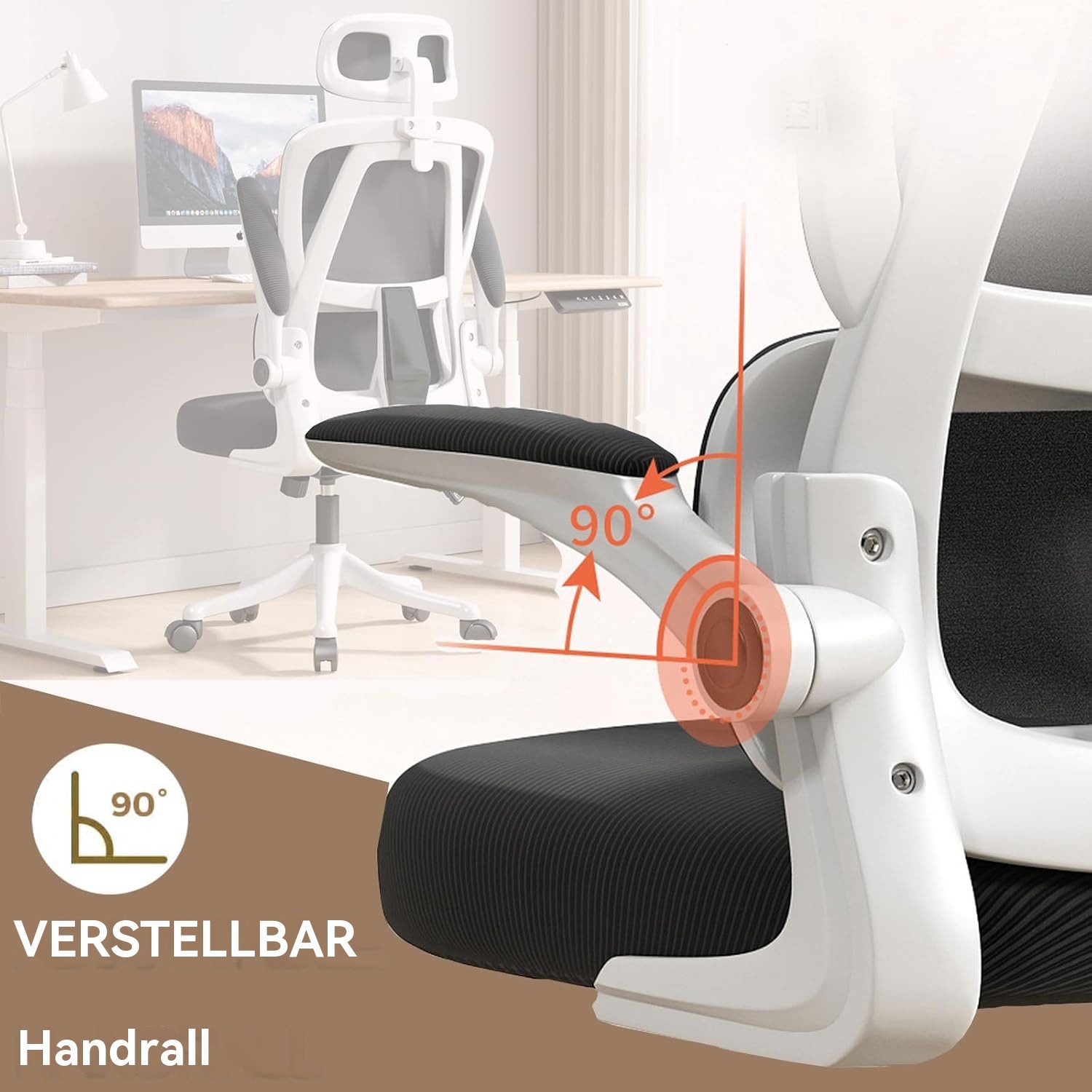 HDHNBA Schreibtischstuhl ergonomisch mit verstellbarer Kopfstütze & klappbaren Armlehnen (1 St), Bürostuhl mit hoher Rückenlehne, Drehstuhl für Home-Office – Bild 5 von 5