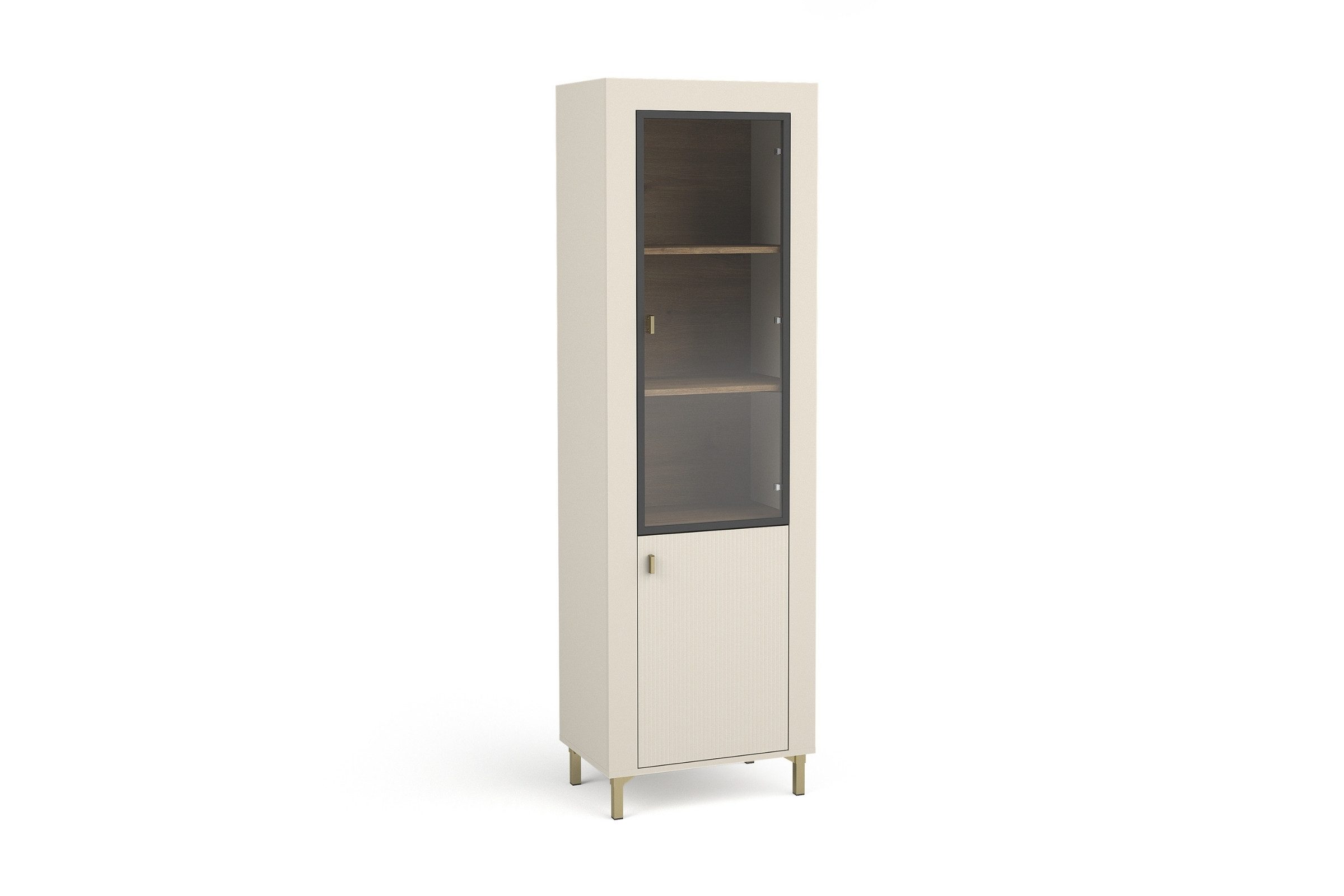 Deine Möbel 24 Vitrine MONI 03 Standvitrine mit Glastür und 4 Einlegeböden (MONI - Kollektion, 1-St., Set) in Kaschmir, Weiß und Schwarz mit Eiche Whiskey Dekor