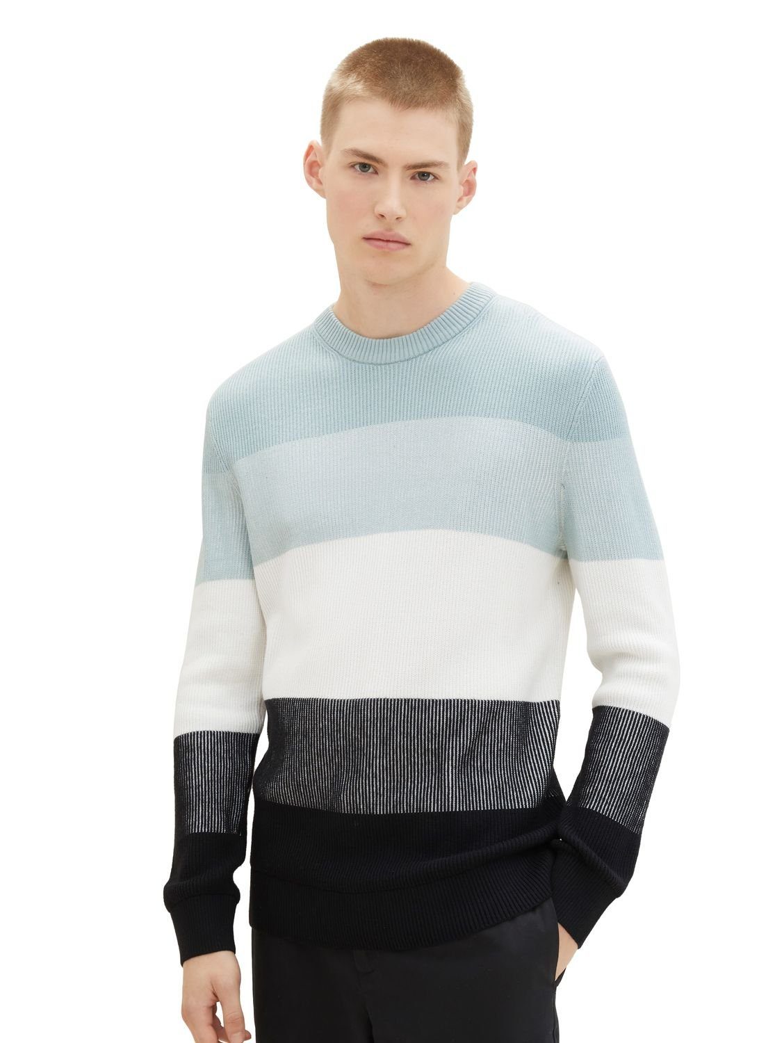 TOM TAILOR Black Mint White Strickpullover 34425 COLORBLOCK Denim STRUCTURED Colorblock Baumwolle aus