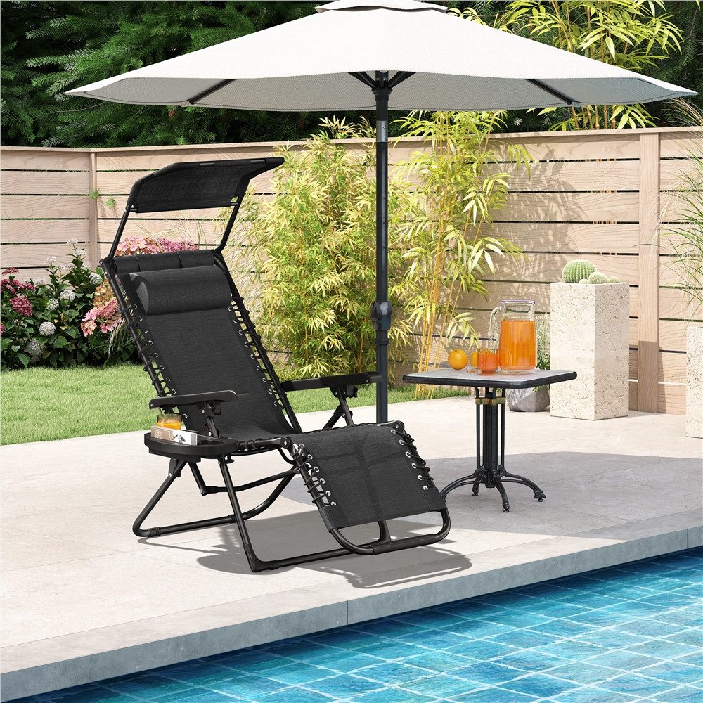 Yaheetech Gartenliege Zero-Gravity-Gartenstuhl Klappbar & Tragbar, Klappstuhl mit Kopfkissen & Becherhalter & Sonnendach