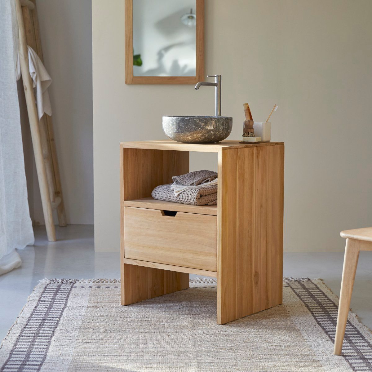 Tikamoon Waschtisch Waschtisch Waschbeckenunterschrank aus Teak 60 cm breit ideal für klei