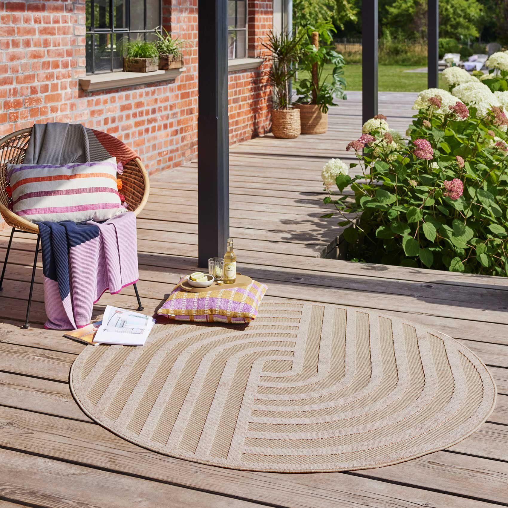 Esprit Outdoorteppich Spirit, ESP-54229, rund, Höhe: 6 mm, mit Hoch-Tief-Effekt, grafisch, modern, robust, Terrasse, Küche