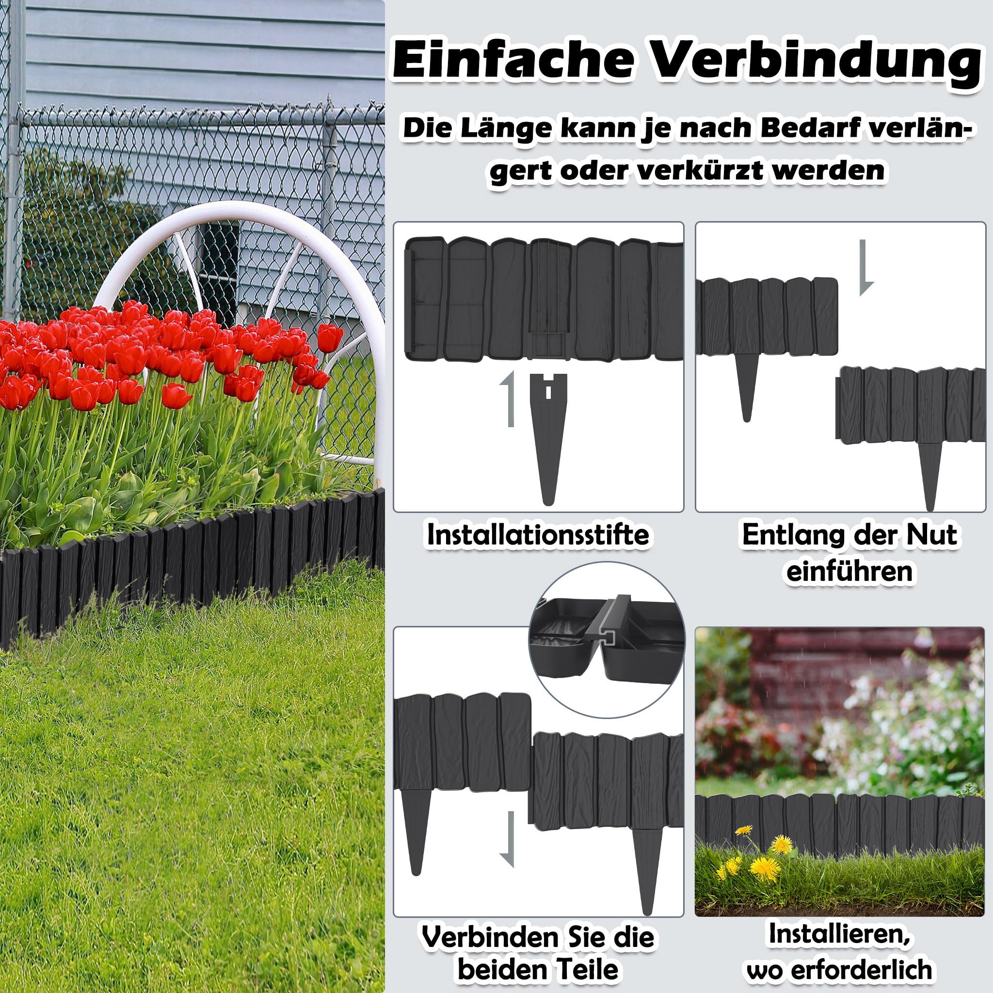 FIVMEN Rasenkante 2,3m/4,6m Rasenkanten Kunststoff Beeteinfassung in Holzimitation, Anthrazit/Braun/Grau, Beetumrandung Mähkante 4/8 stücke Randsteine Palisaden Gartenzaun