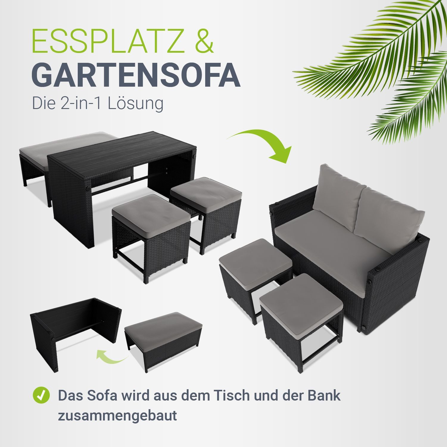 Juskys Gartenlounge-Set Jamaika, 2in1 Polyrattan Set, wetterbeständig, mit Sitzkissen, inkl. Tisch