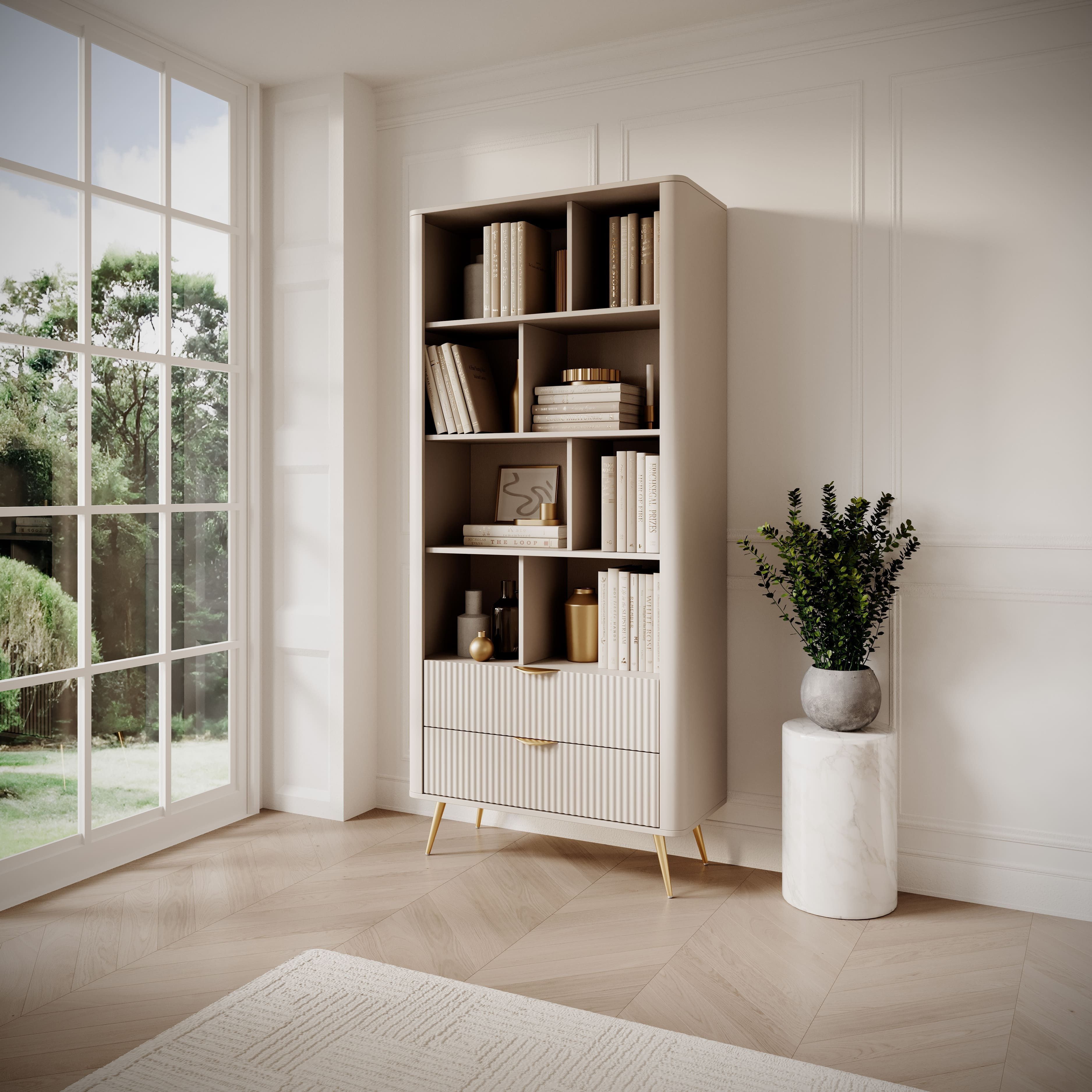 MOEBLO Bücherregal Pholx A, Griffe und Beine aus Metall, geriffelte-Fronten, Bücherregal Bücherregal für das Büro Bücherregal für Dokumente Wohnbereich Wohnzimmer