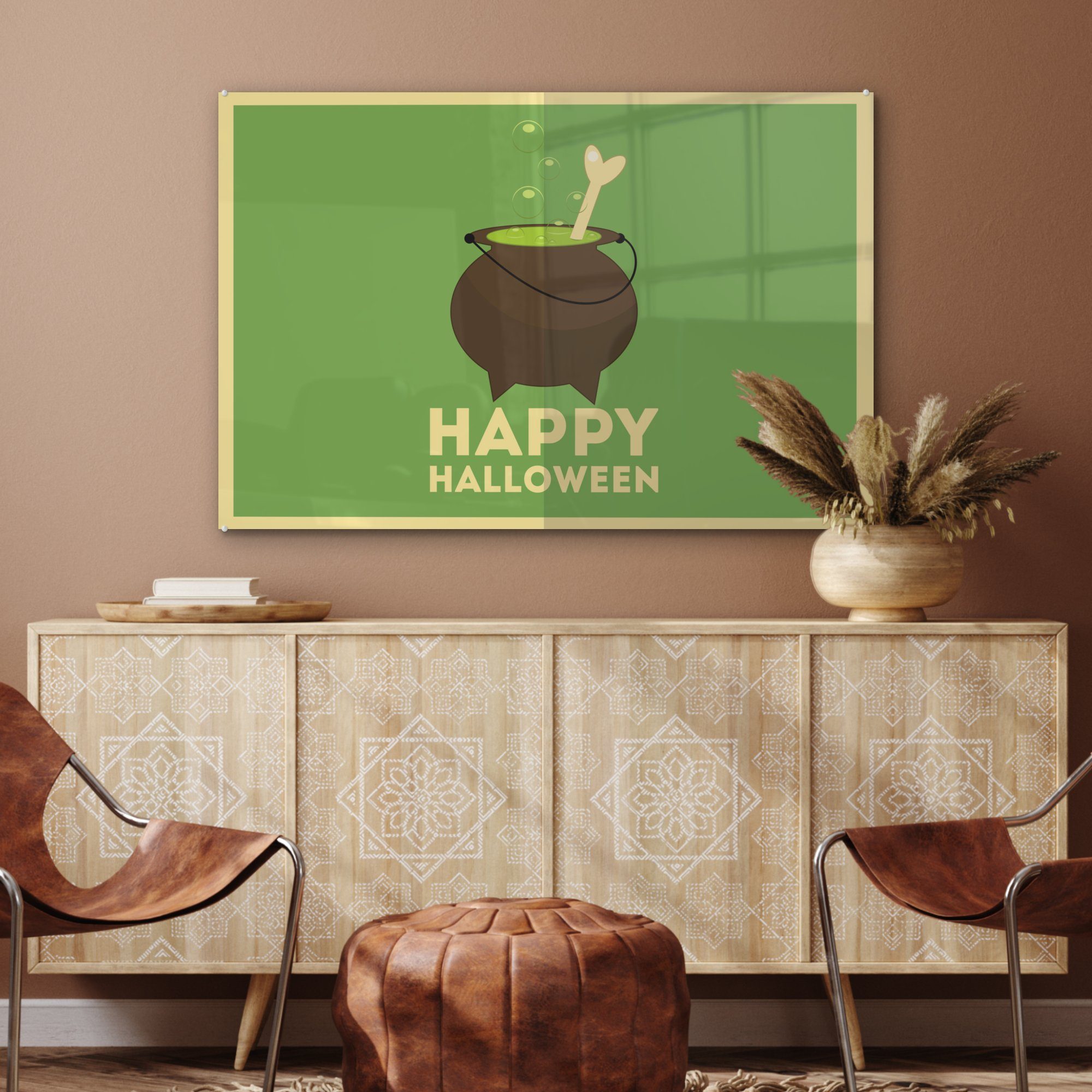Hexenkessel auf Acrylglasbild MuchoWow und & Happy Acrylglasbilder Halloween" grünem, ein Schlafzimmer Knochen und St), Wohnzimmer (1