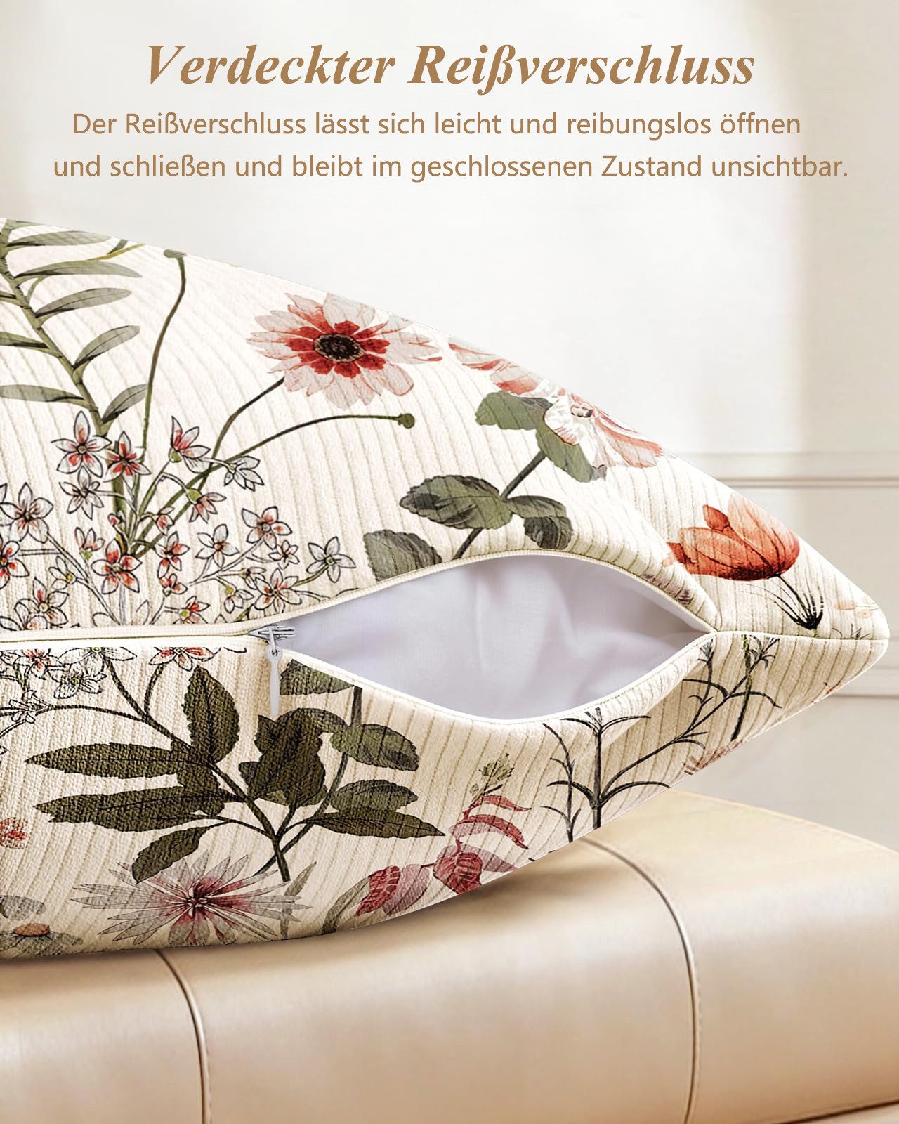 FOUORTUNATE-BEE Kissenbezüge 2er-Set Rosa Blumenmuster Corduroy Kissenbezüge Frühlings-Kissenhüllen, (2 Stück), mit Reißverschluss für Sofa, Couch, Wohnzimmer,  – Bild 3 von 5