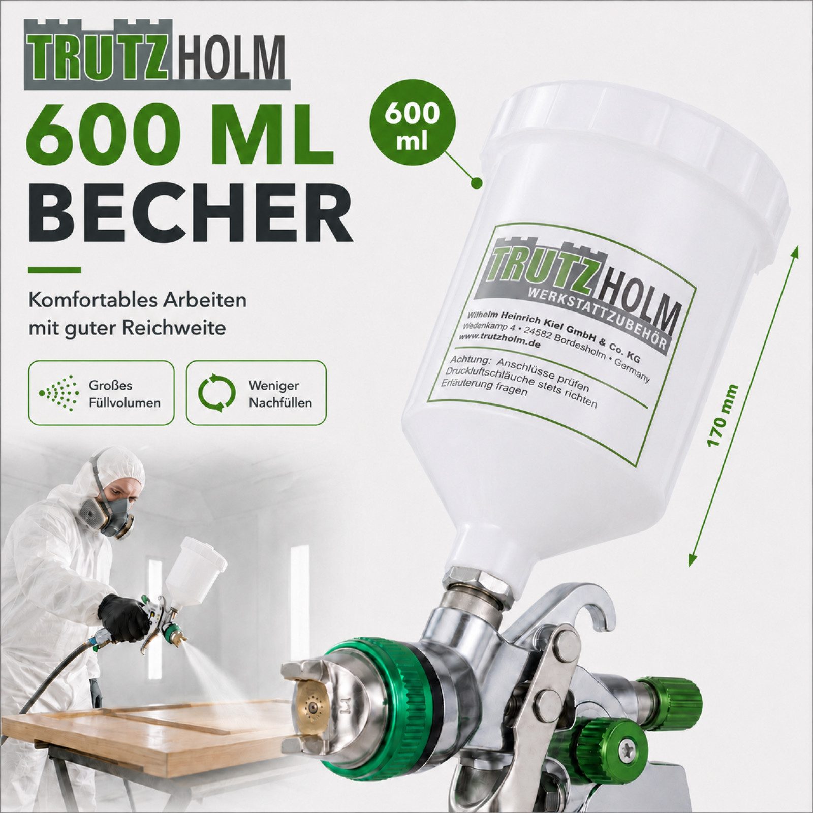 TRUTZHOLM Lackierpistole HVLP Lackierpistole 3 Edelstahldüsen 1,4mm 1,7mm 2,0mm 600ml Becher, Set, 16-tlg., Der empfohlene Druck von 2,5-3,5 bar hängt von der Lackierweise ab.