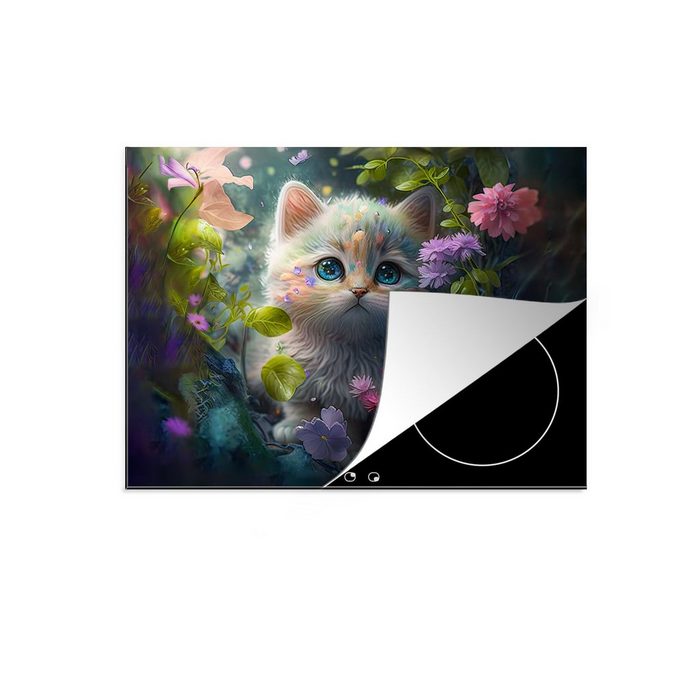 MuchoWow Herdblende-/Abdeckplatte Kätzchen - Blumen - Wald - Illustration - Katze Vinyl (1 tlg) Mobile Arbeitsfläche nutzbar Ceranfeldabdeckung