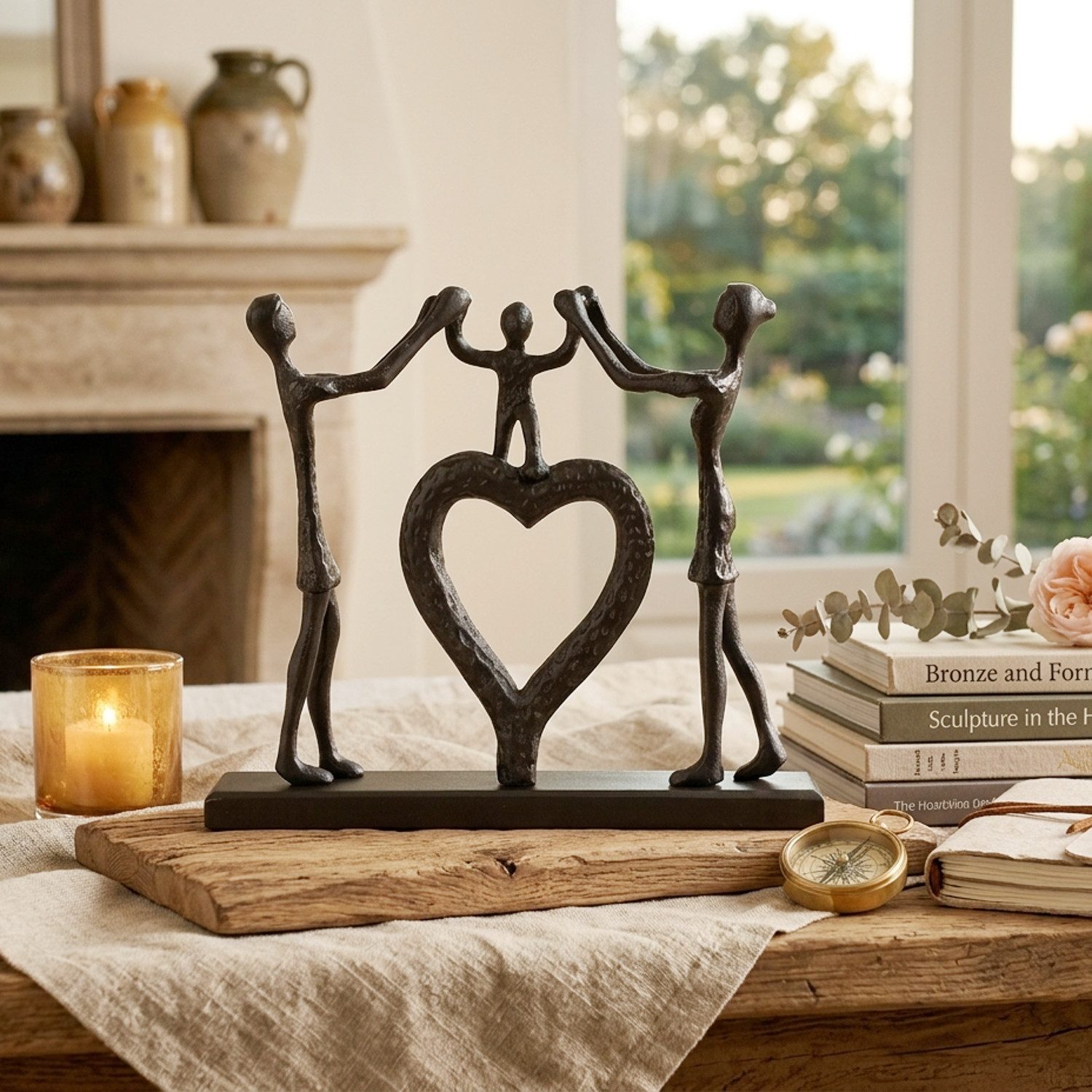 Macosa Home Skulptur Familie 38 cm Metall Holz Schwarz Dekofigur (1 St., Edle Dekoration & Geschenkidee Muttertag Geburtstag), Wohnaccessoire Deko für Regal, Tisch, Sideboard