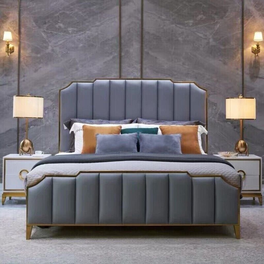 Lederbett Europa Grau in Polster Doppel Made Luxus Betten Design Bett JVmoebel 180x200cm Zimmer, Schlaf