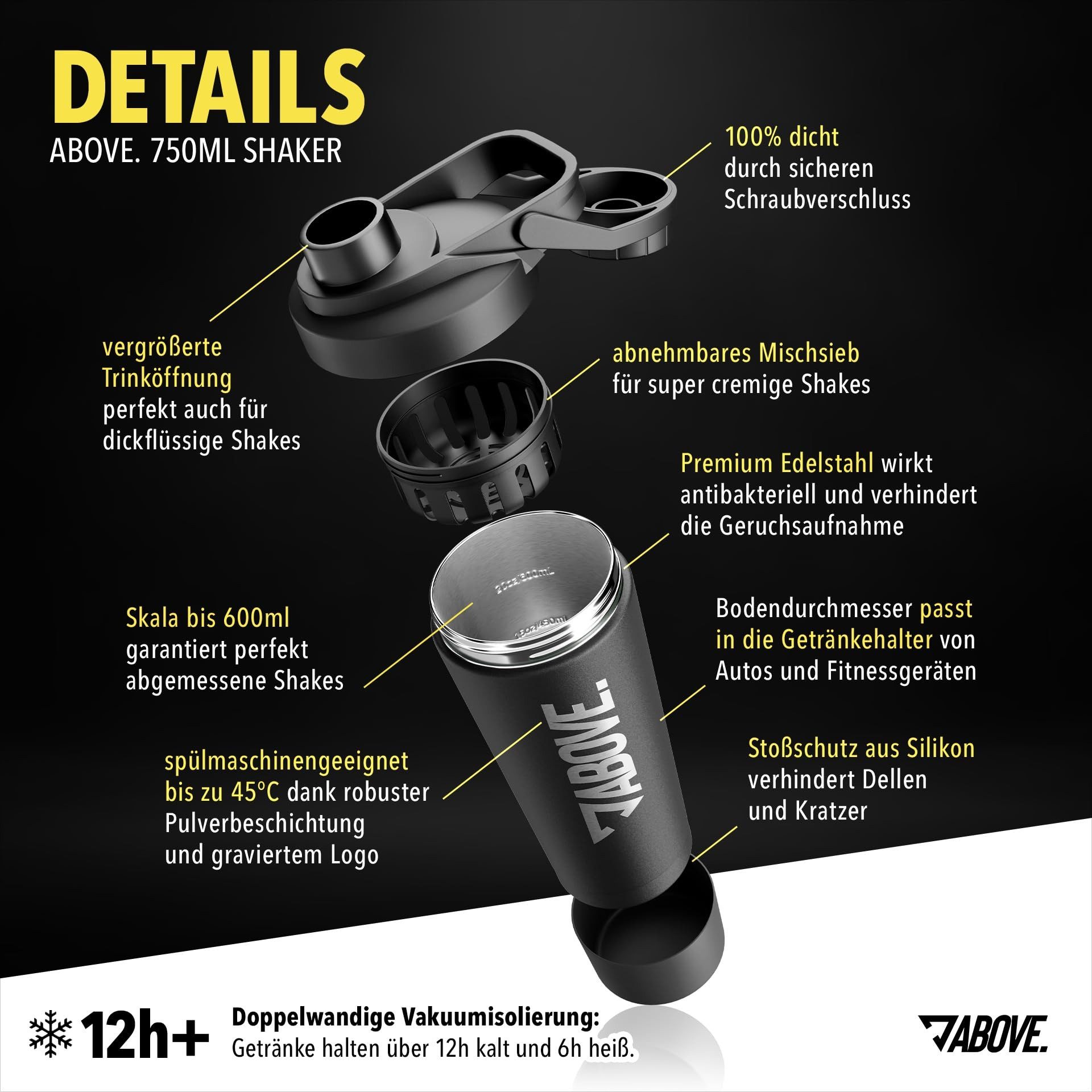 ABOVE. Protein Shaker 750ml – BPA-frei & isolierend: hält Shakes 12H eiskalt, (Integrierte Skala & 100% auslaufsicherer Deckel), Robust & langlebig – spülmaschinengeeignet bis 45°C