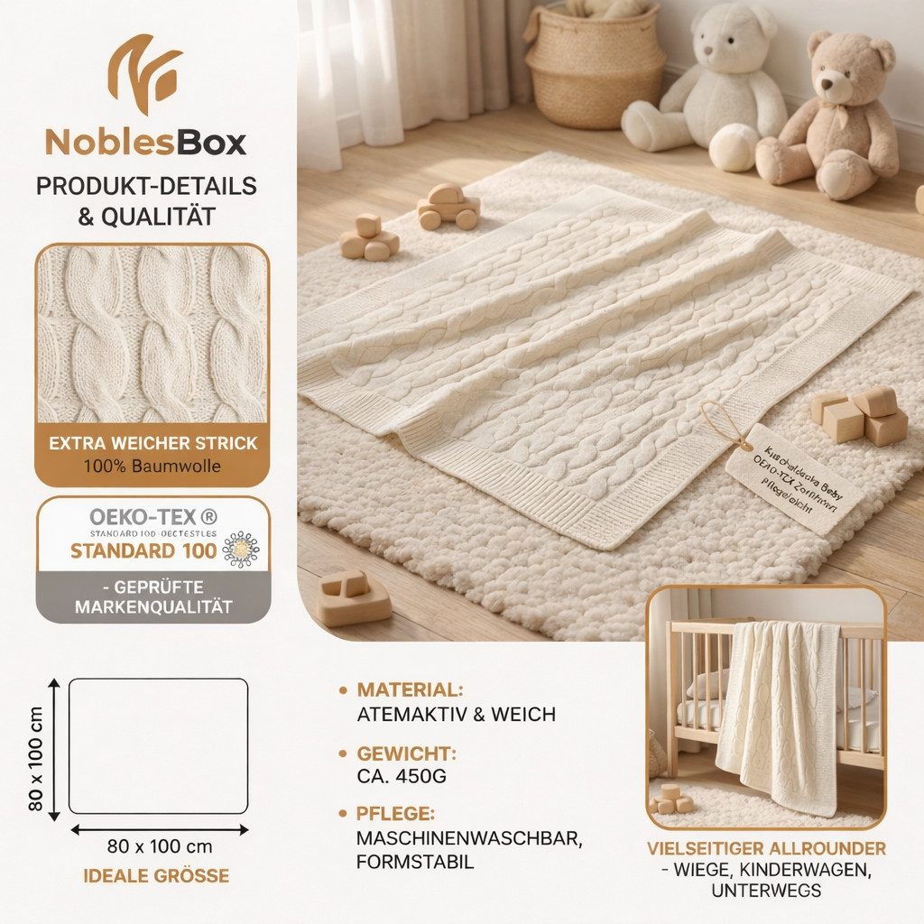 Babydecke NoblesBox Baby Kuscheldecke - OEKO-TEX - Weich für Wiege & Kinderwagen, NoblesBox, Strickdecken in verschiedenen Farben, 100cm x 80cm