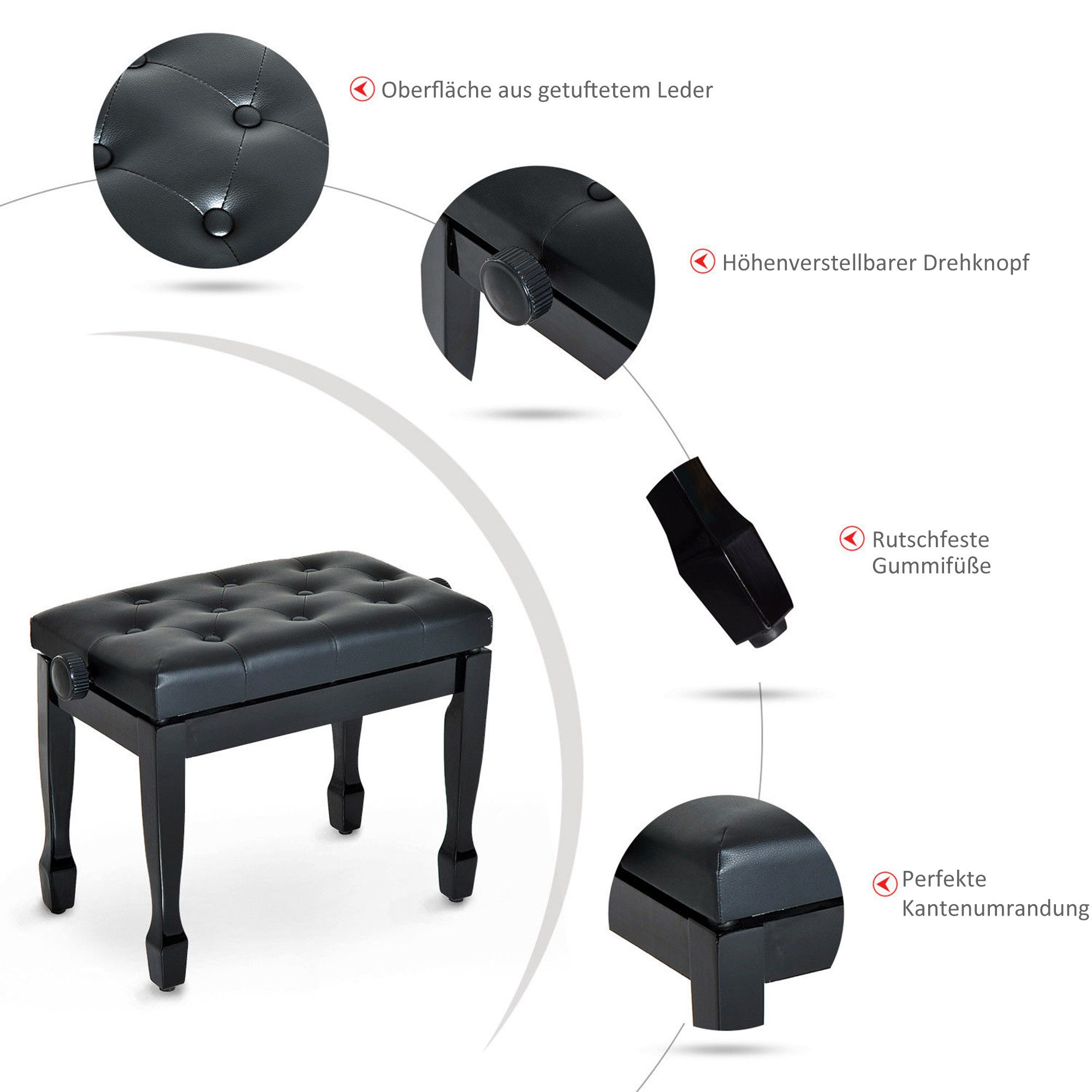 HOMCOM Klavierbank Klavier Höhenverstellbar Pianobank mit Kissen Keyboard für Piano (Hocker, 1-St., Kosmetikhocker), Massivholz Kunstleder Schwarz 64 x 35 x -55 – Bild 5 von 5