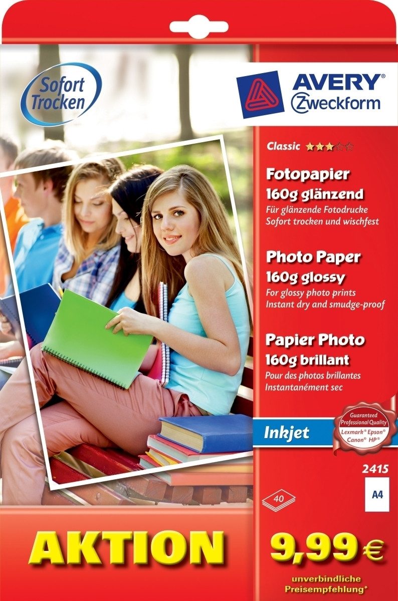Avery Zweckform Fotopapier Fotopapier Classic Inkjet A4 40 Blatt 160 g/qm glänzend