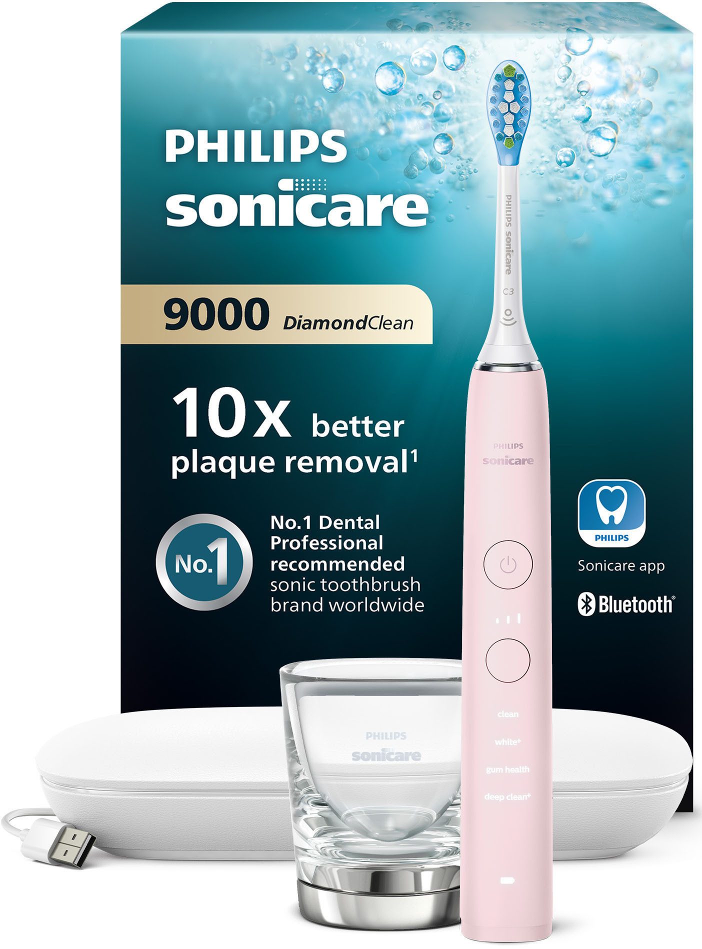 Philips Sonicare Elektrische Zahnbürste DiamondClean 9000 HX9911, Aufsteckbürsten: 1 St., mit Schalltechnologie, Ladeglass, USB-Reiseetui