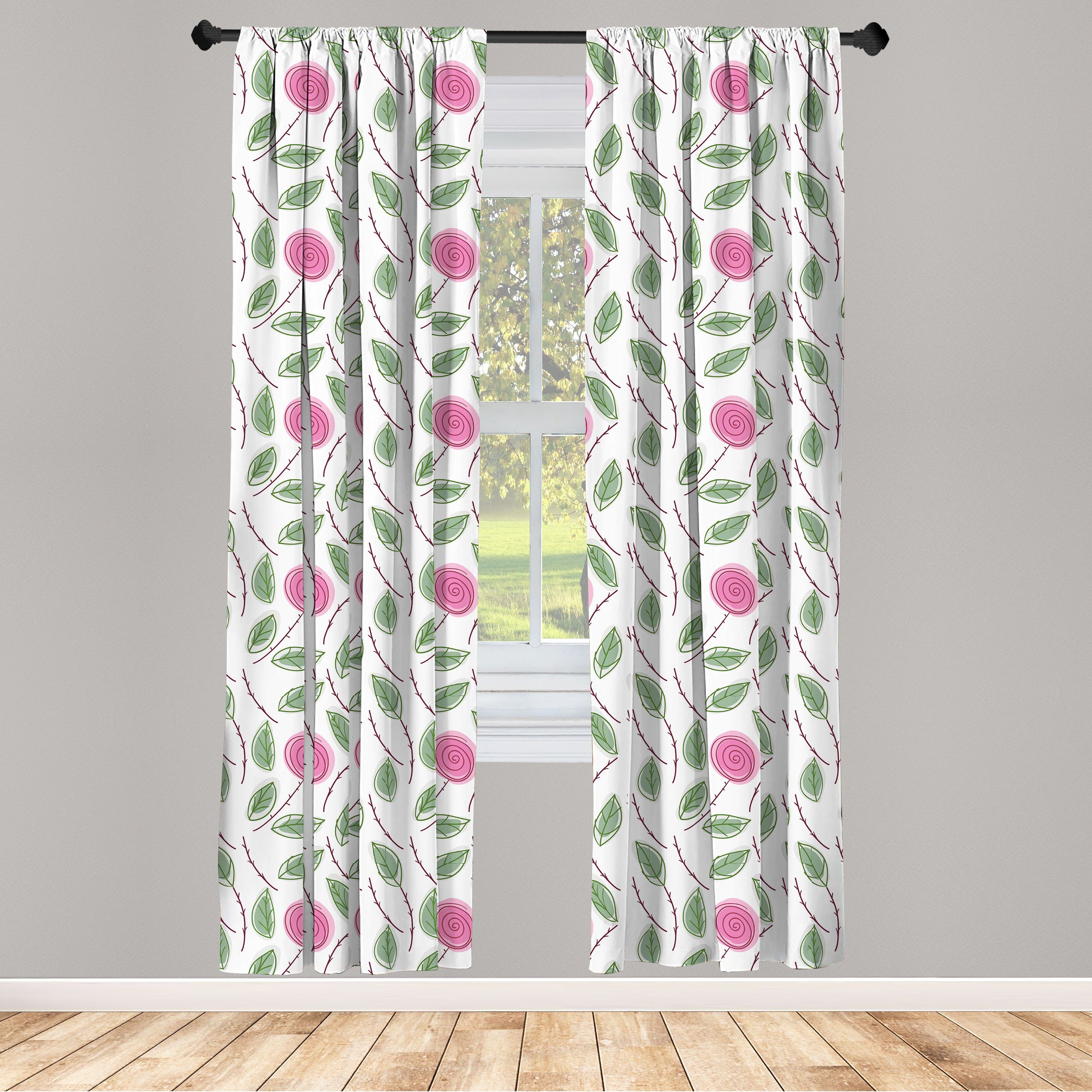 Gardine Vorhang für Blättern mit Dekor, Abakuhaus, Spiralförmig Blumen Wohnzimmer Rosen Schlafzimmer Microfaser
