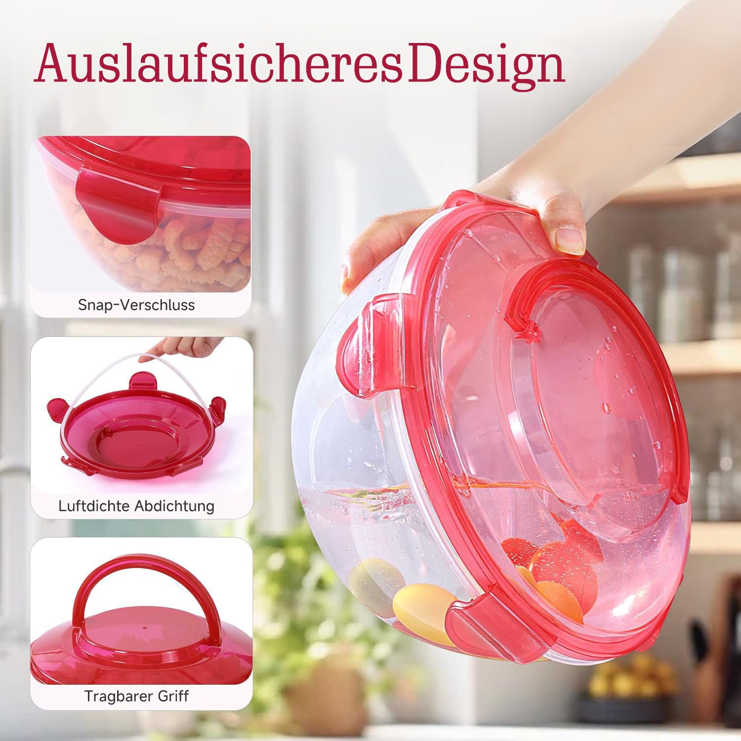 Elegear Müslischale Salatschüssel mit luftdicht Deckel, 4,5L/3,2L/1,8L/1L Salatschüssel, ABS, (1-tlg), mit Tragegriff Gabeln Löffel, Stapelbar Schüsseln Frischhaltedosen