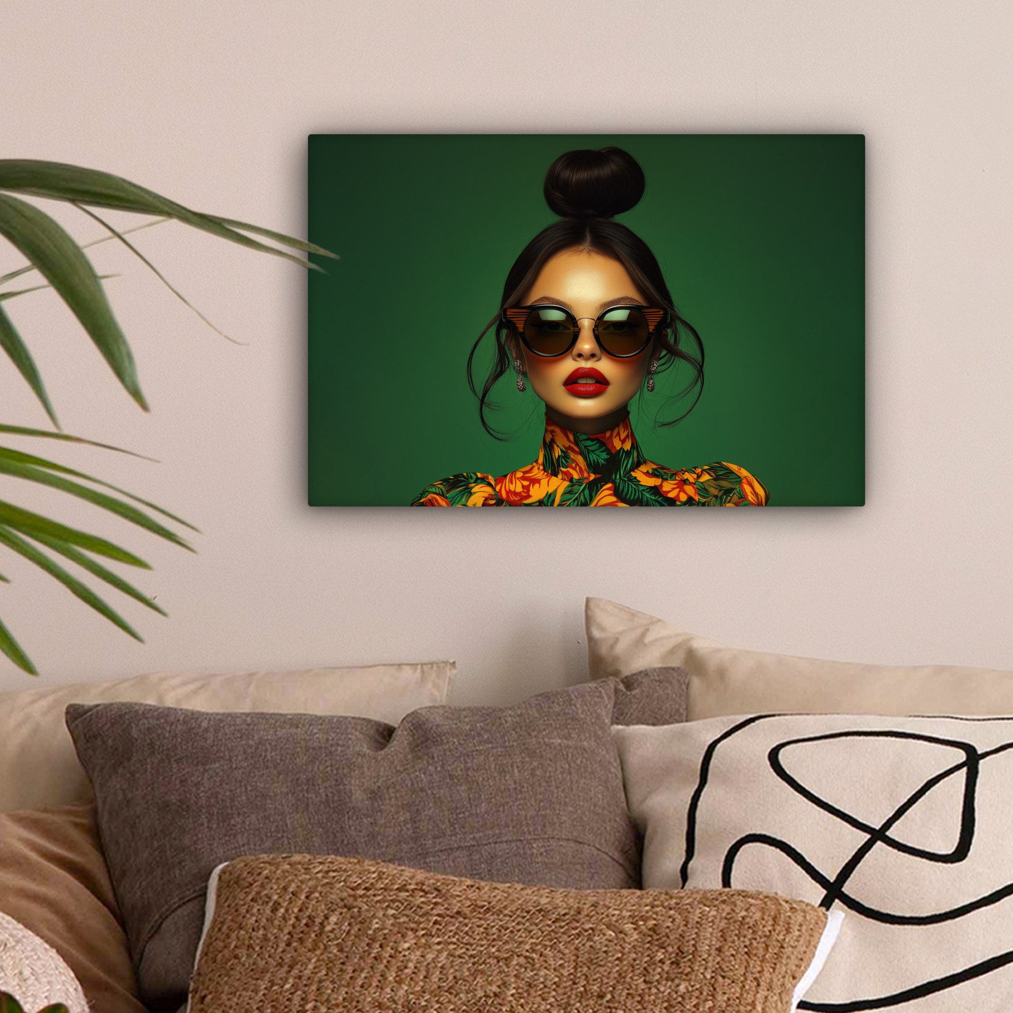 OneMillionCanvasses® Leinwandbild Frau - Grün - Modern - Brille - Abstrakt, günstig online kaufen