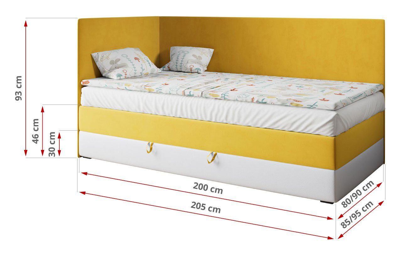 3, für MKS Polsterbetten Boxspringbett - Weiss Gelb KUBUS und mit MÖBEL 90x200, Matratze Kinderzimmer Kinderbett