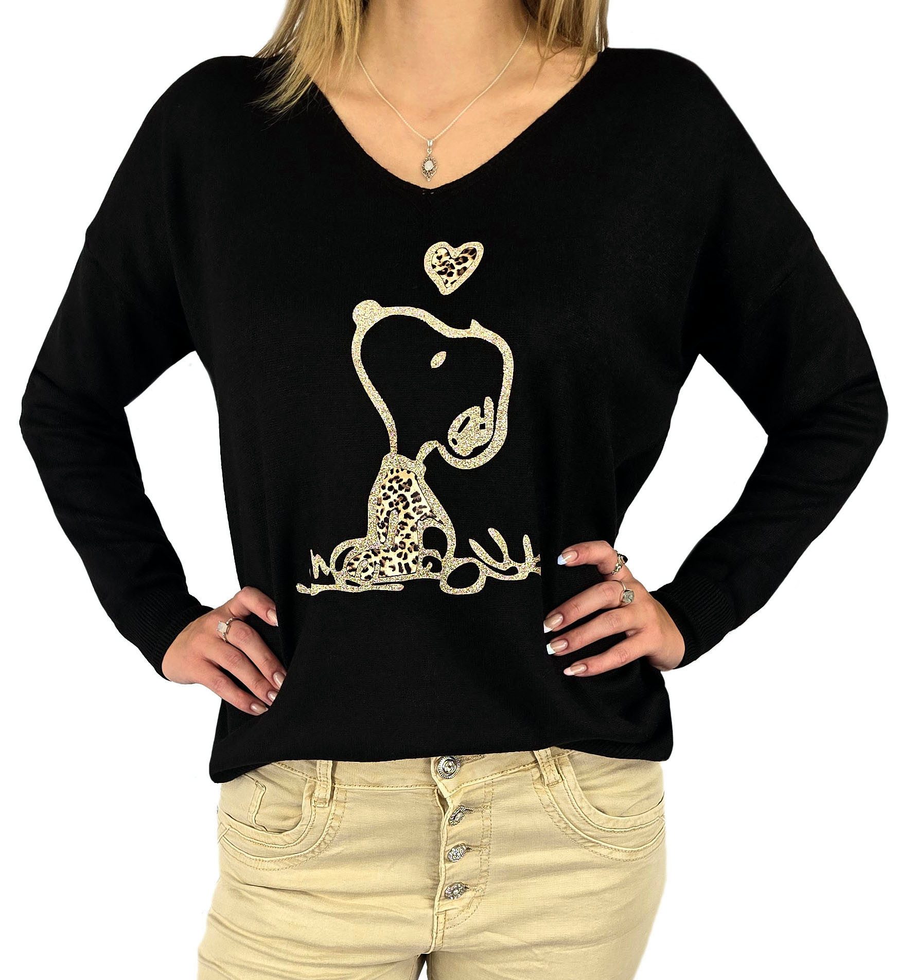 Rehoboth Moda V-Ausschnitt-Pullover Feinstrick Damen Pullover mit Comic Pri günstig online kaufen