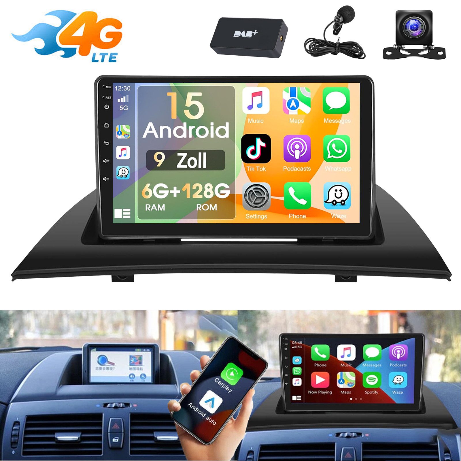 ESSGOO DAB+ Für BMW X3 E83 2004-2012 Carplay 9" Autoradio 6+128G Android 15 Autoradio (6GB+128GB, RDS, 4G LTE, Digitalradio (DAB), FM, SWC, Carplay Android Auto Bluetooth EQ USB GPS Navi WIFI Touchscreen)