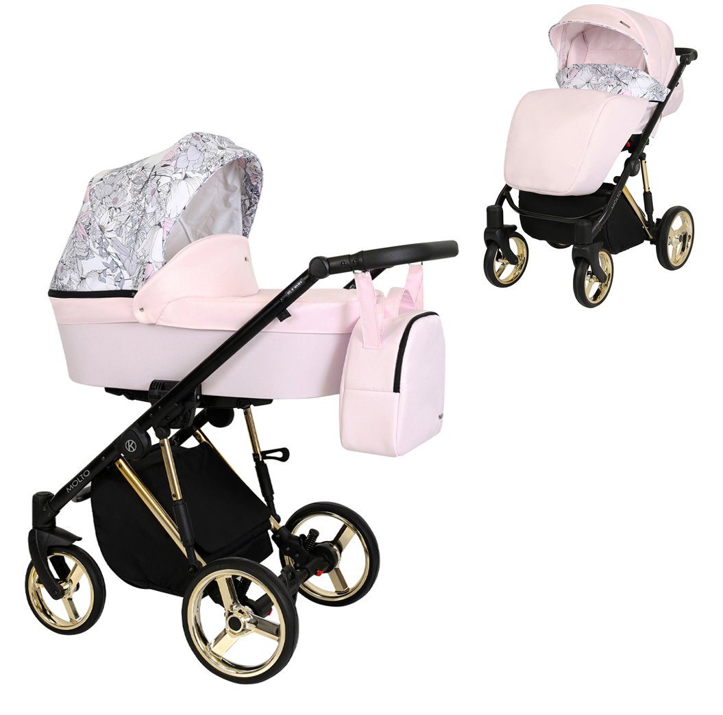 babies-on-wheels Kombi-Kinderwagen Molto Gold-Edition 2 in 1 - 12 Teile - von Geburt bis 4 Jahre Rosa-Dekor = Gestell gold