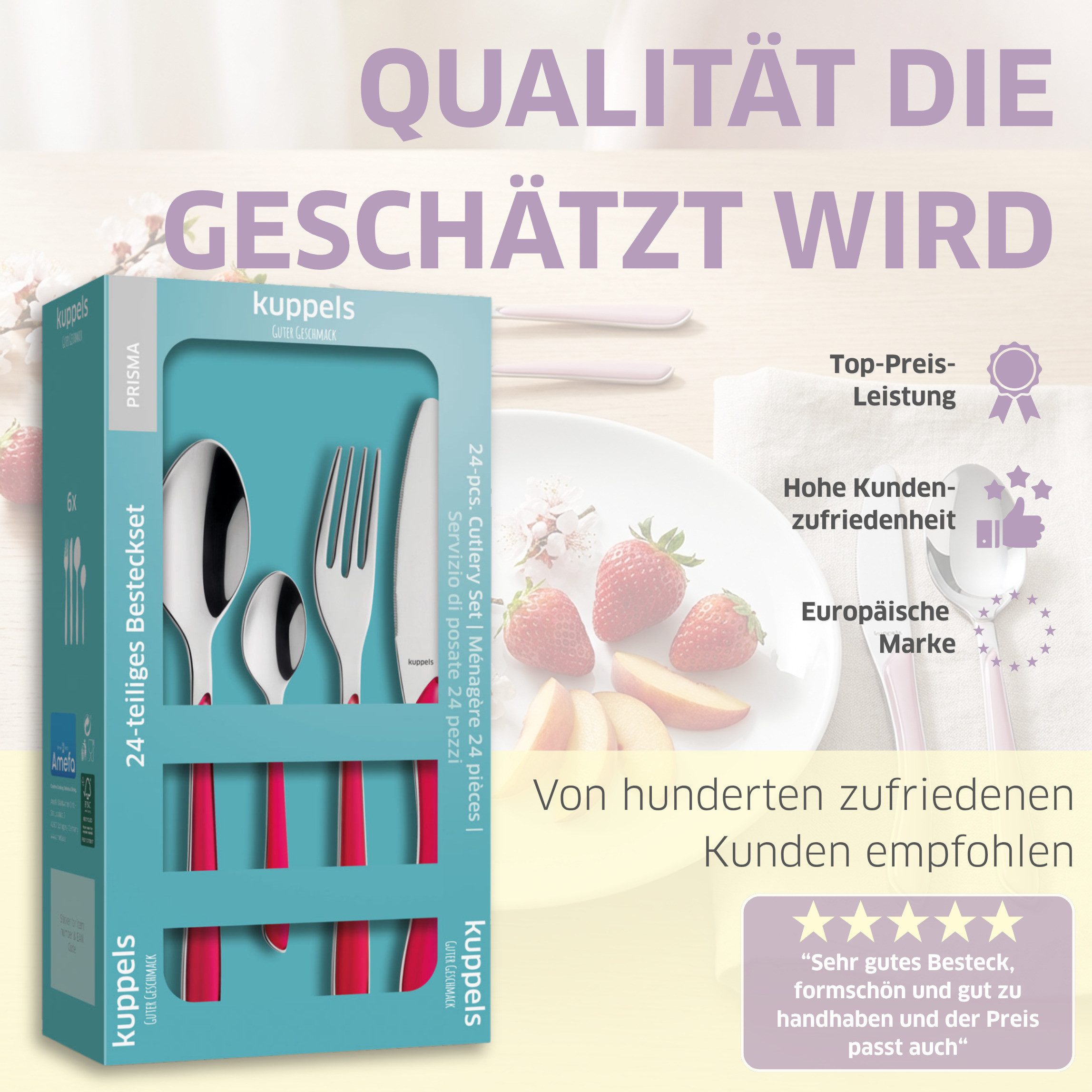 Kuppels Besteck-Set PRISMA (24-tlg), 6 Personen, Edelstahl Rostfrei 18/0, spülmaschinenfest, in himbeerrot, mattiert – Bild 4 von 5