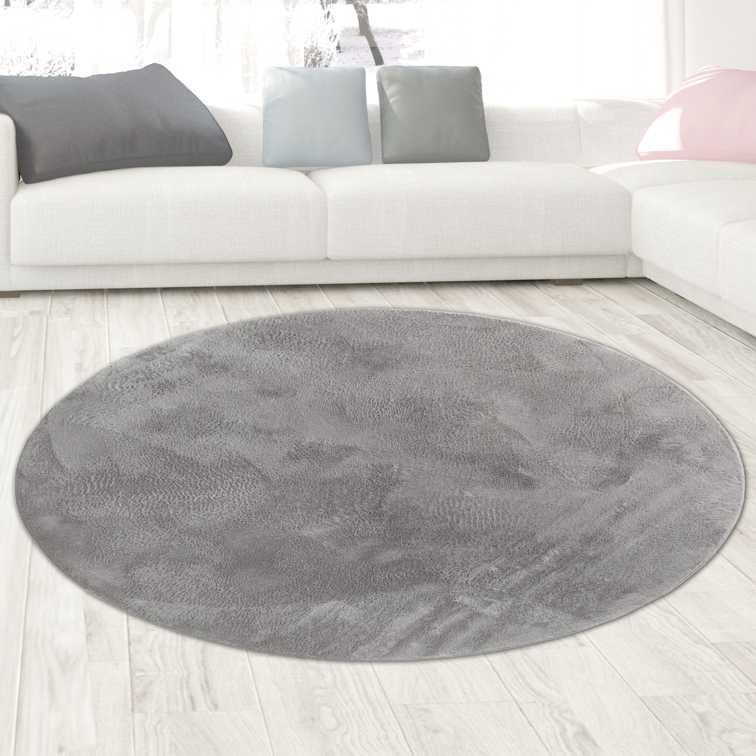 Carpetia Fellteppich Kunstfell Hasenfell-Optik, rund, Höhe: 10 mm, seidig weich & flauschig mit dichter Kurzflorstruktur