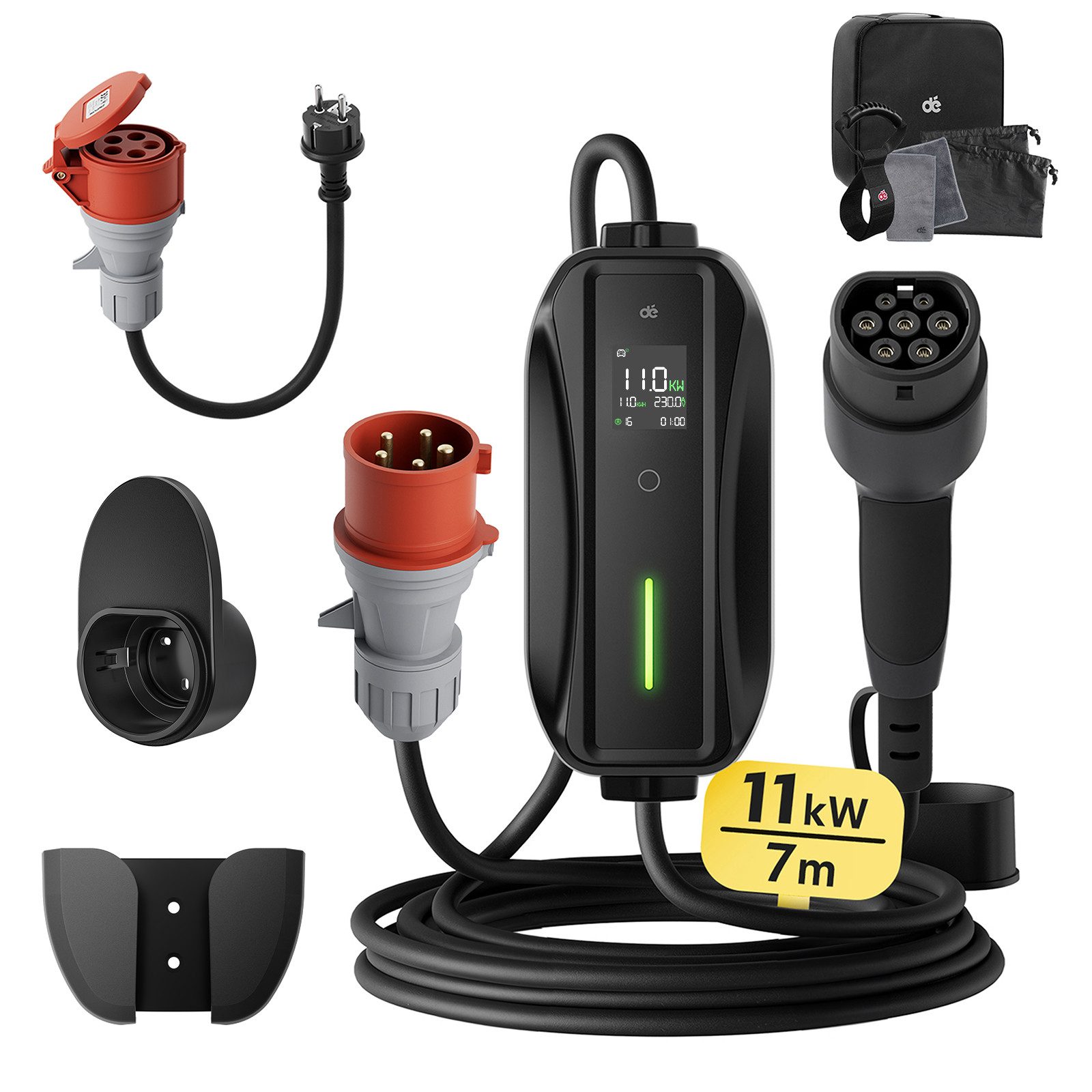 dé Elektroauto-Ladestation dé Mobile Wallbox/Ladestation Ladeleistung, Mobil 11kW / 16A, 3-phasig, Set, 7m Ladekabel CEE 6-16A auf Typ 2 und EV Ladegerät