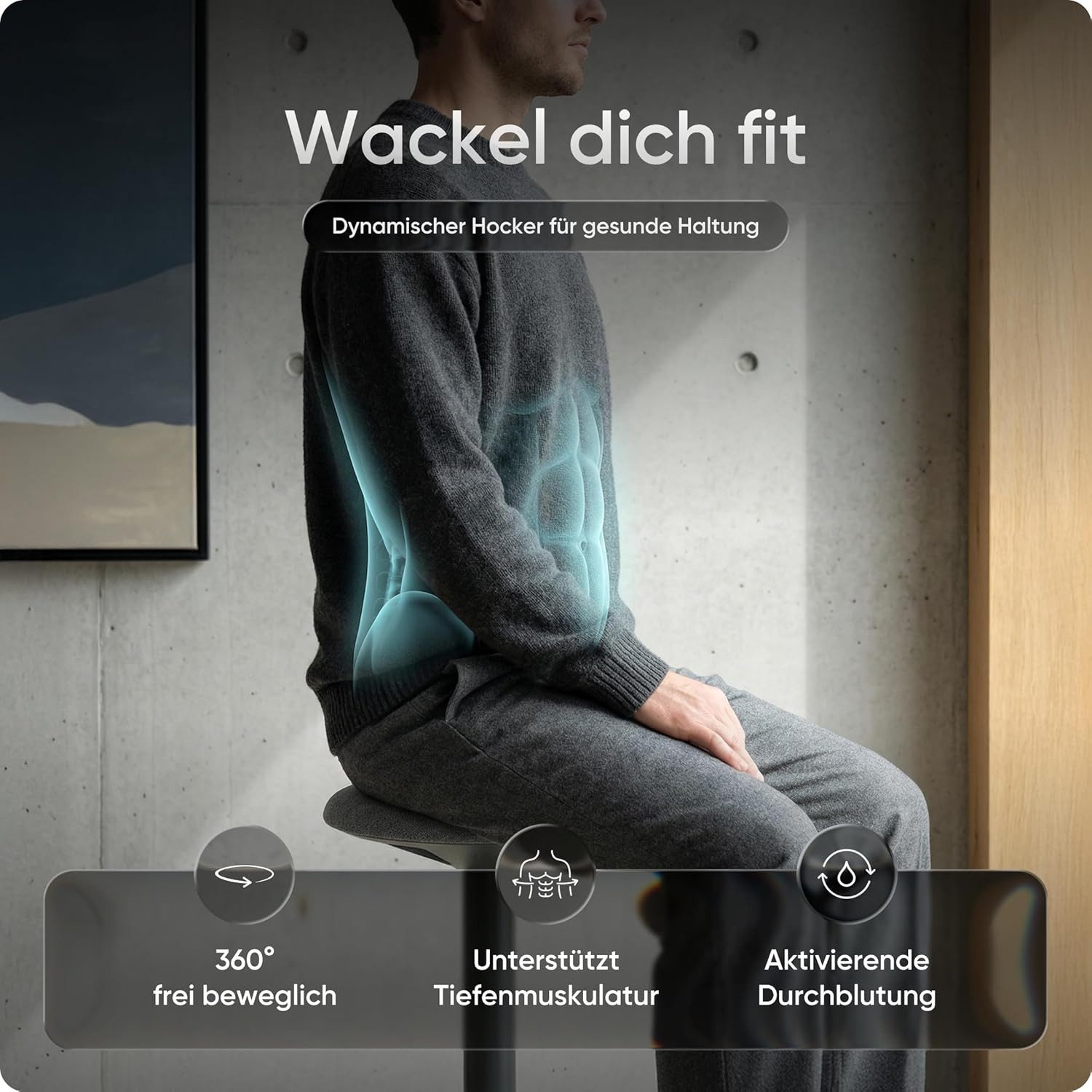 DESKSPACE Drehhocker Motion Ergonomischer Stehhocker - Höhenverstellbarer Bürohocker (Einzelartikel), Höhenverstellbarer Stehhocker mit ergonomischem Sitzkomfort