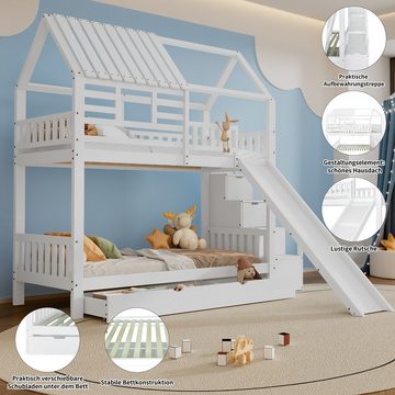 IDEASY Jugendbett Etagenbett, Dach- und Fensterdesign, mit Treppe und Rutsche, umlaufender Absturzschutz, Schubladen mit Rollen