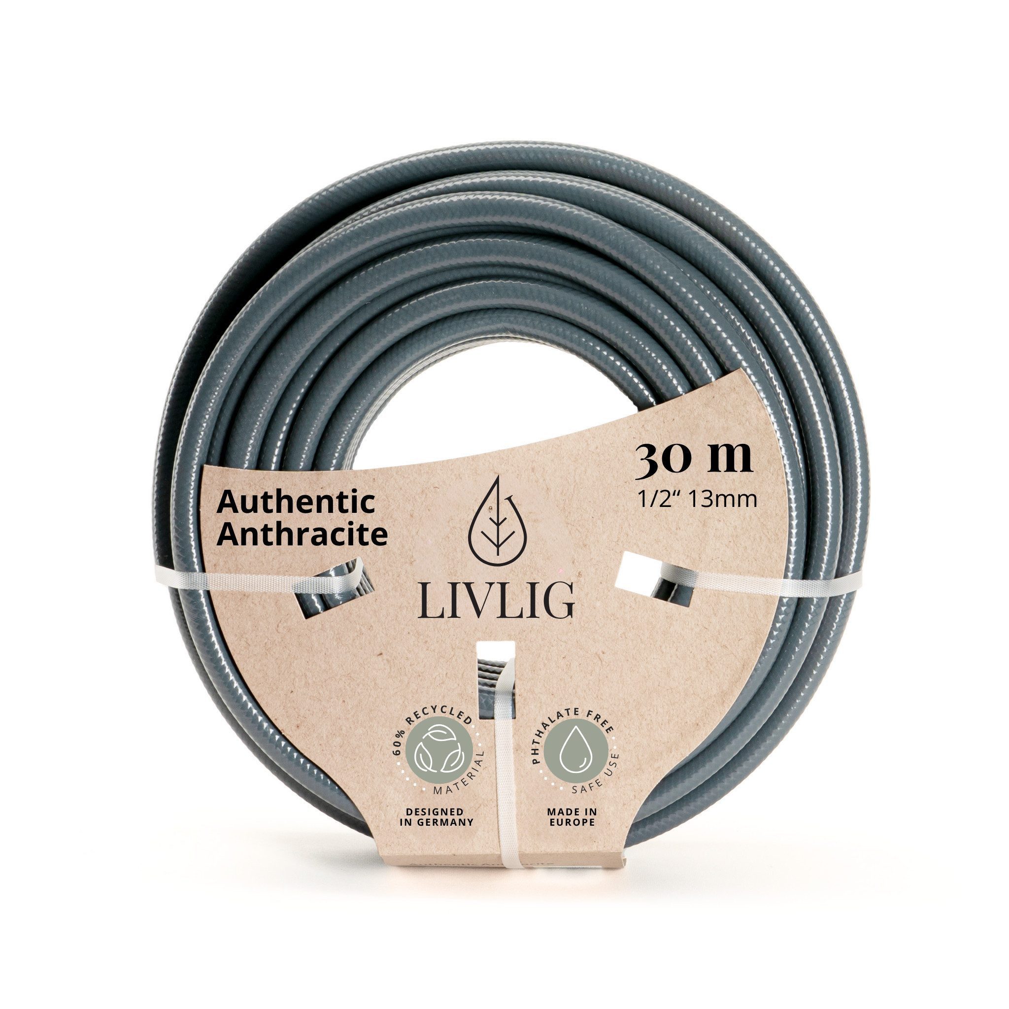 LIVLIG Gartenschlauch 1/2 Zoll, Schöner Gartenschlauch, Wasserschlauch 1/2 Zoll, Anthrazit, Made in Europa, Aus 60% recyceltem PVC