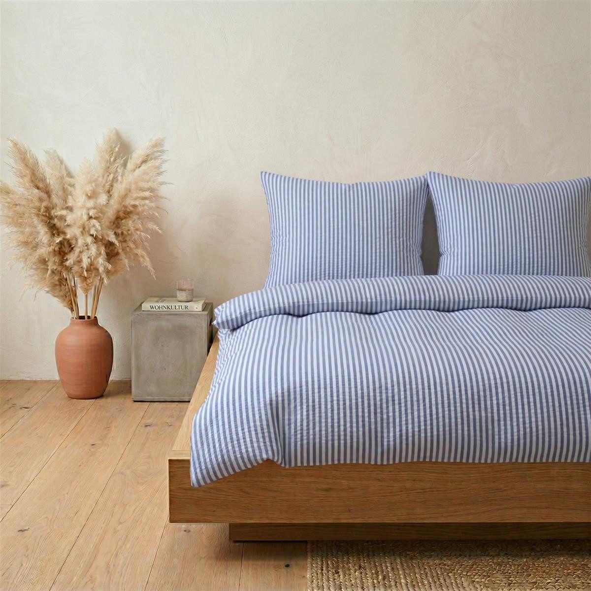 Carpe Sonno Bettwäsche Seersucker 135 x 200 155 x 220 Streifen Bügelfrei Sommer Baumwolle, Seersucker, 2 teilig, Bettbezug kühlend mit Reißverschluss & OEKO-TEX Blau Weiß 135x200