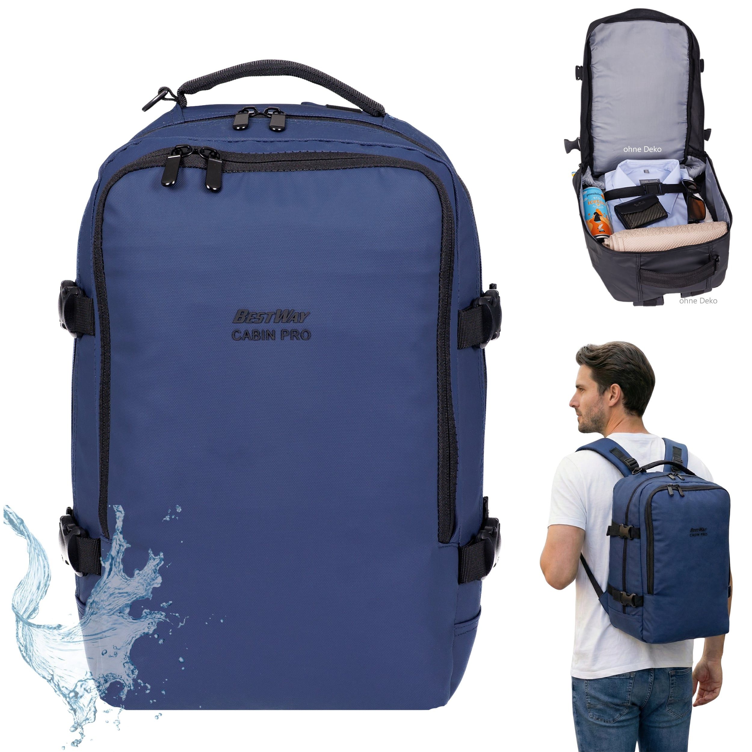BestWay Bags Reiserucksack Handgepäck Rucksack für Ryanair aus Plane, Cabin Pro Flugzeug Kabinenrucksack Laptoprucksack 40350 + Koffergurt