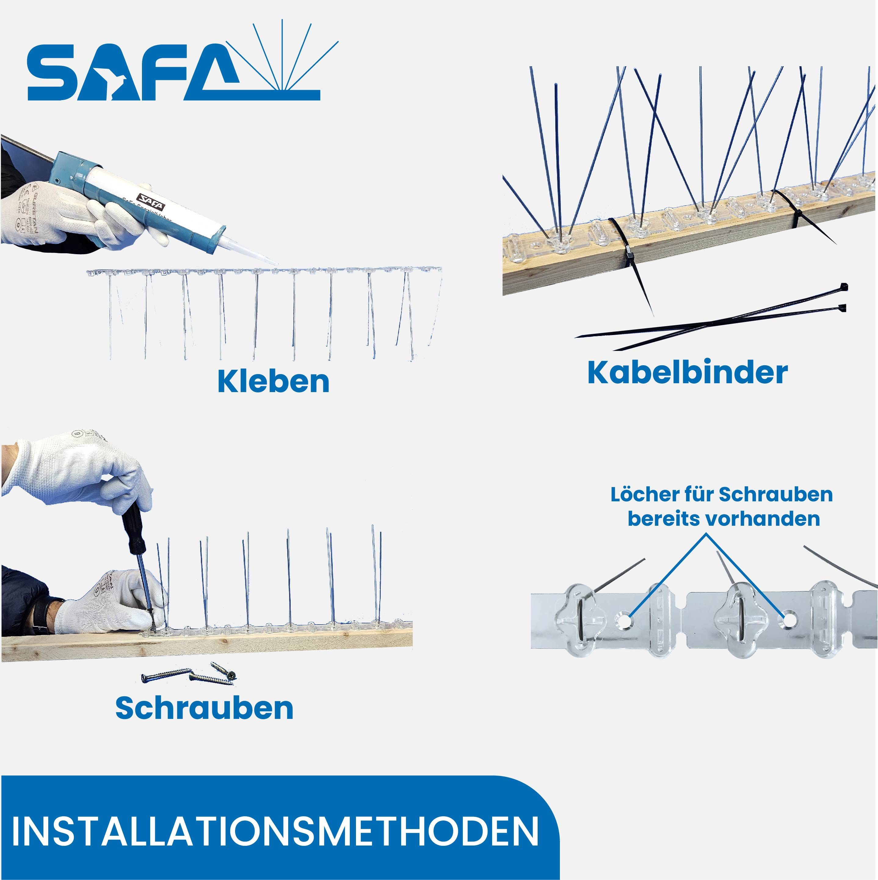SAFA Taubenspikes Taubenabwehr 10 st./5 m aus Edelstahl u. Polycarbonat 1/2/3/4/5-reihig, Montage auf Beton, Stein, Metall, Holz, Glas.