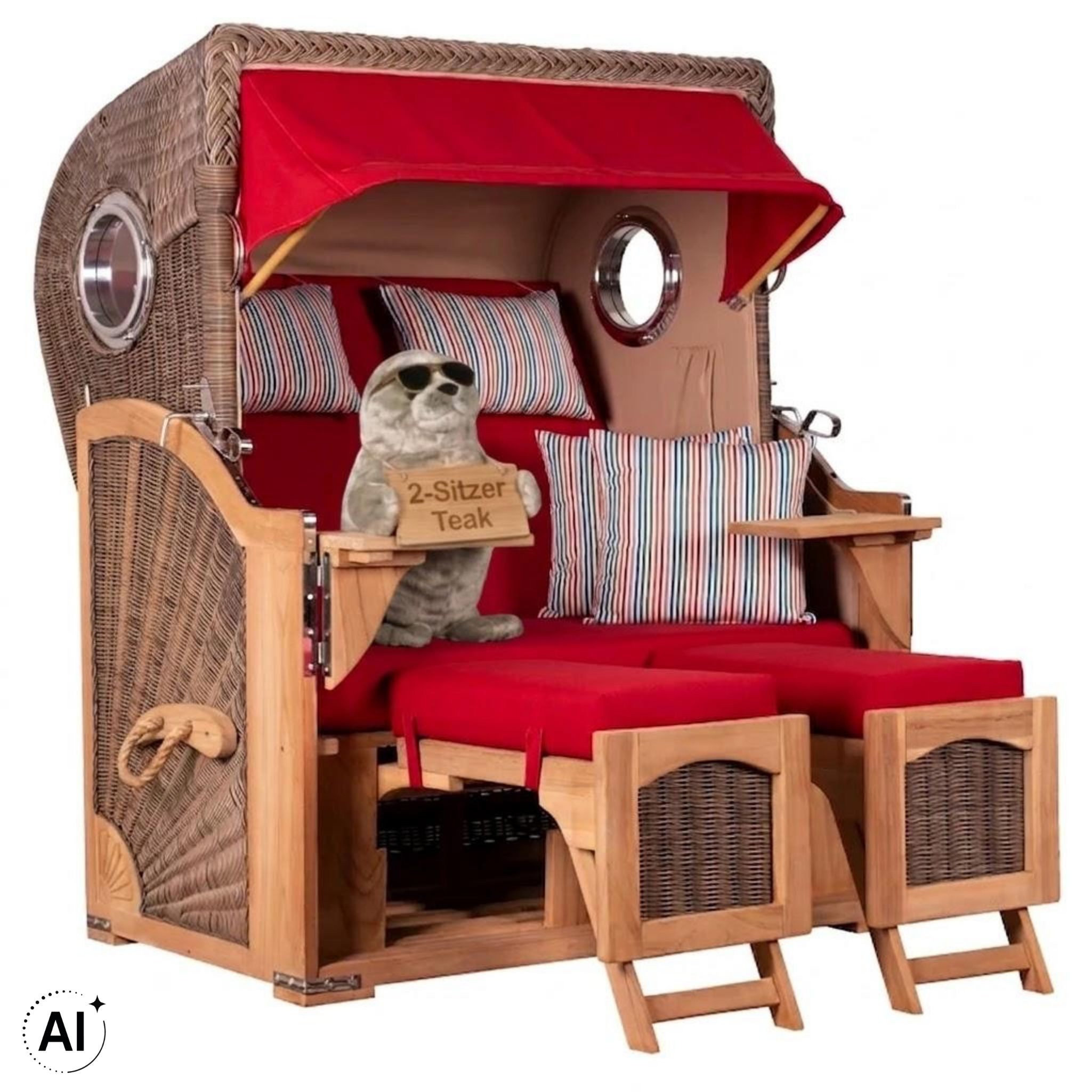 MR.DEKO Strandkorb Düne 2-Sitzer Teak Bullauge wetterfest PE-Geflecht grey, BxTxH: 125x80x170 cm, Düne, Düne, (Fertig montierter Strandkorb für Garten, Terrasse & Balkon), Wetterfester Volllieger mit Edelstahlbeschlägen & waschbaren Polstern